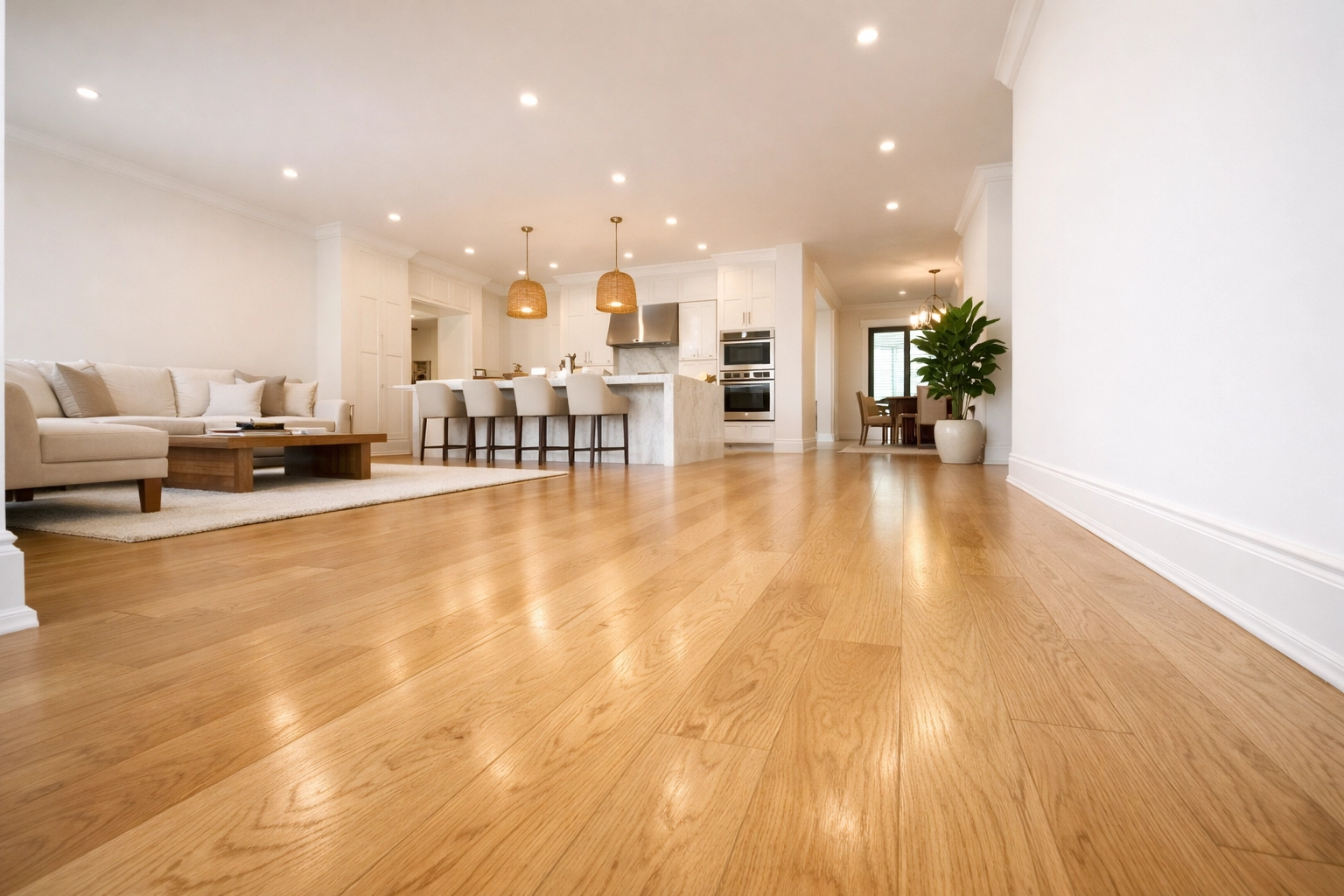 Dust-free open-concept living room with polished oak floors ready for a Tampa Bay developer's debut.