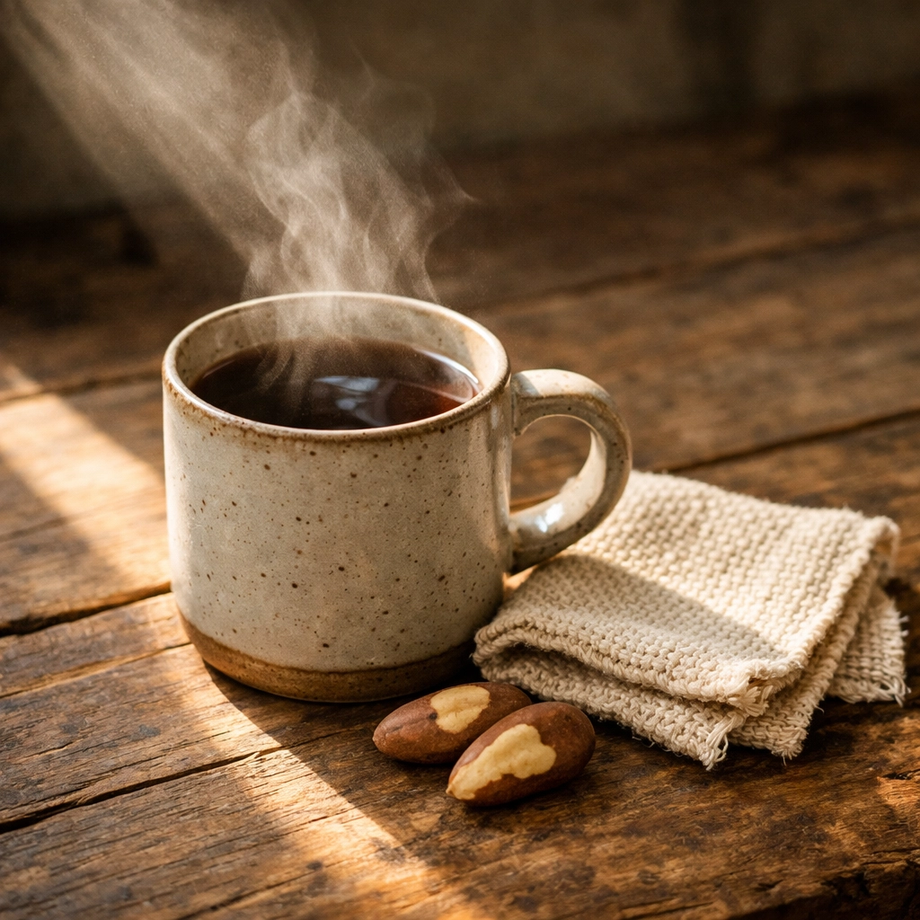 Steaming cup of wellness tea and Brazil nuts, part of helpful cancer hacks for chemotherapy support.