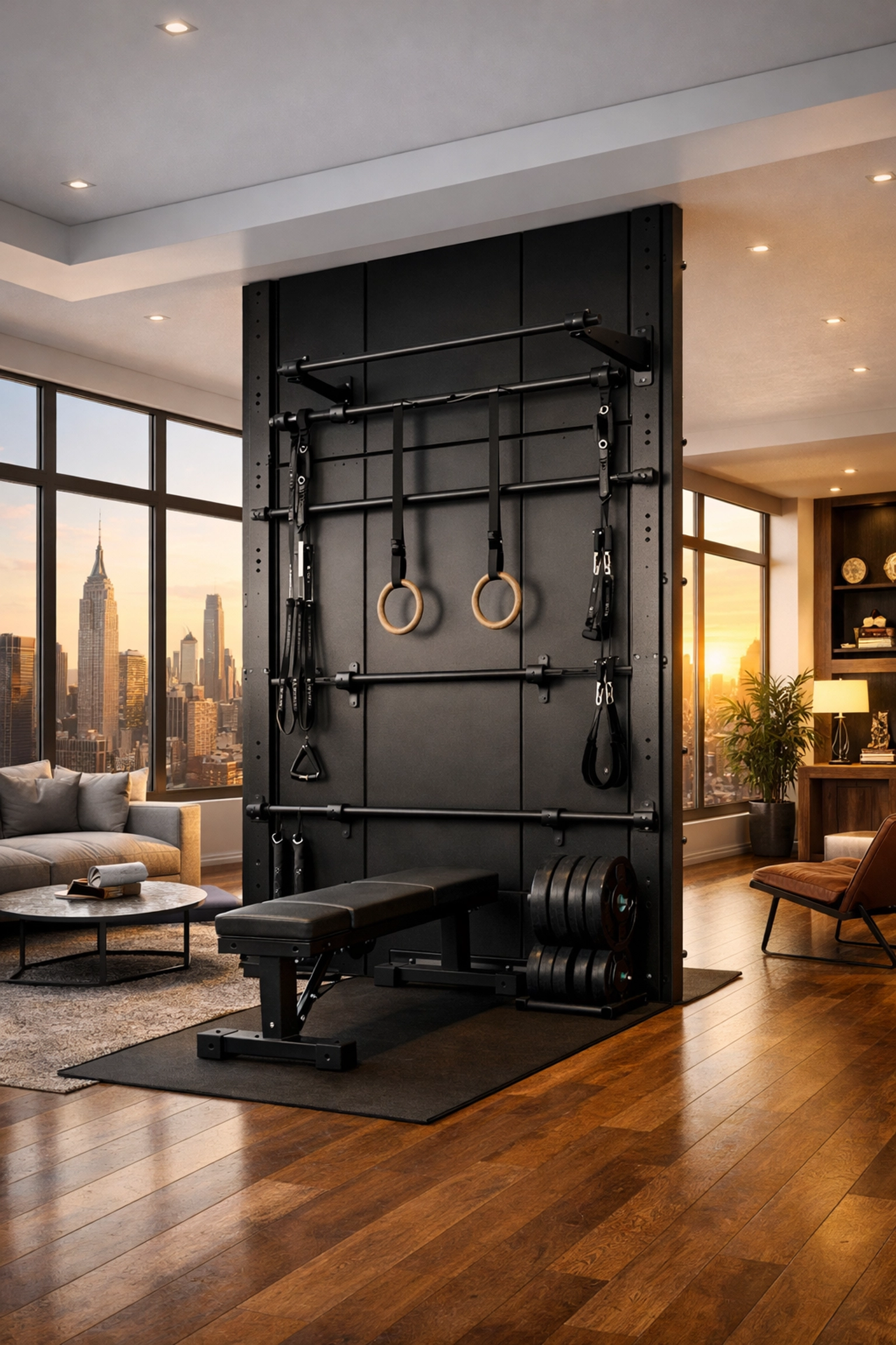 Modern floor to ceiling gym system installed in a loft for a versatile home workout setup.