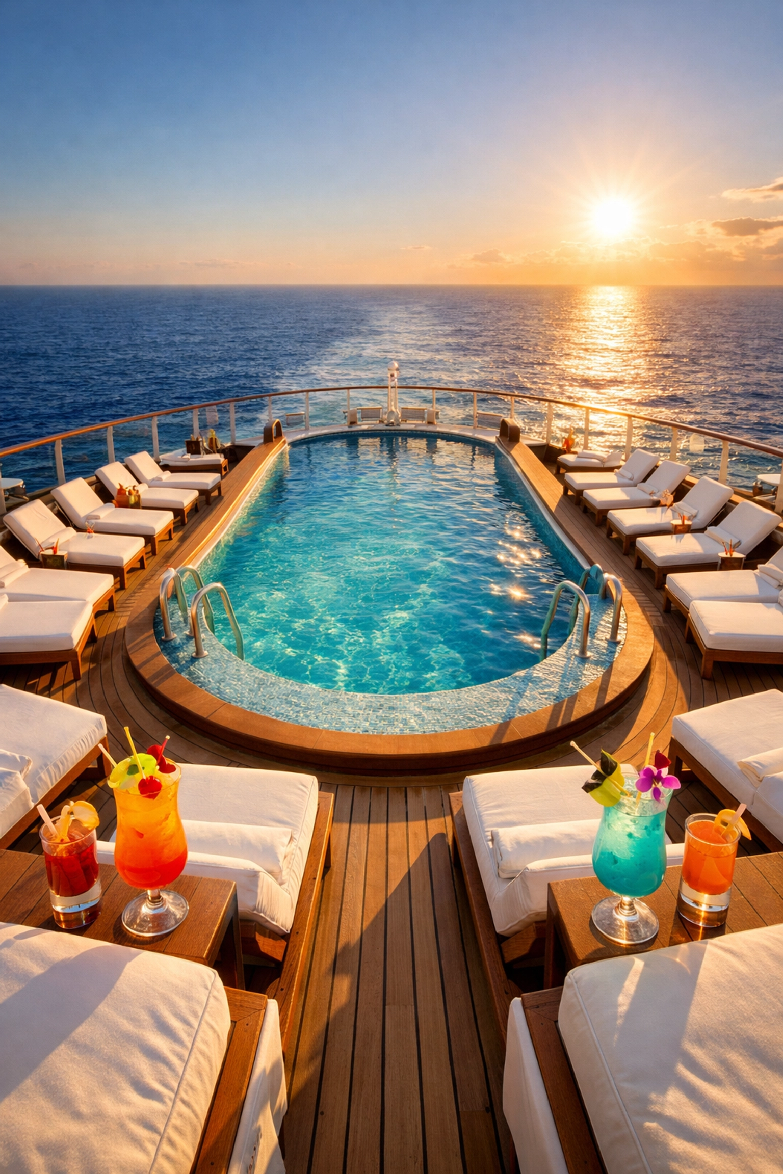 Luxury cruise ship deck with infinity pool overlooking ocean - all-inclusive holidays 2026
