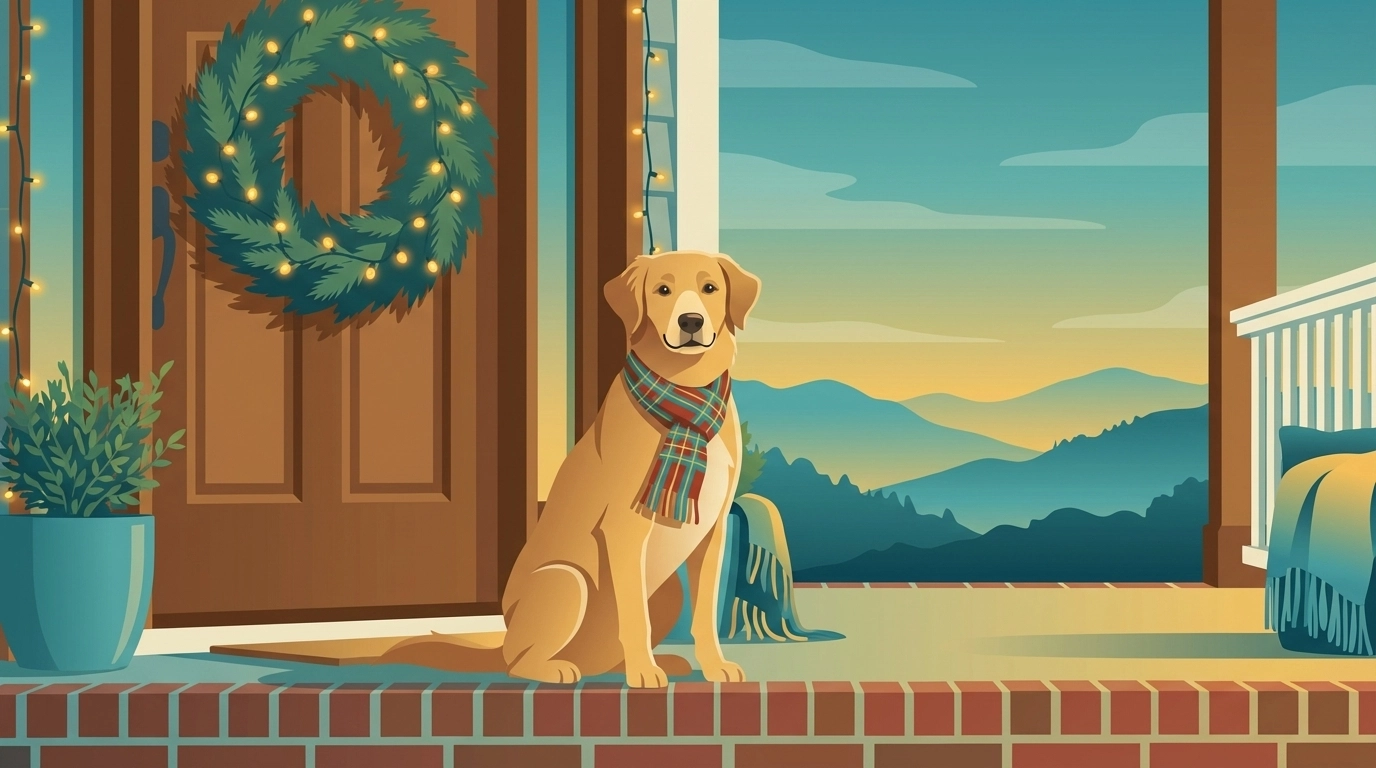 Happy dog on the front porch with a scarf on during Christmas. 