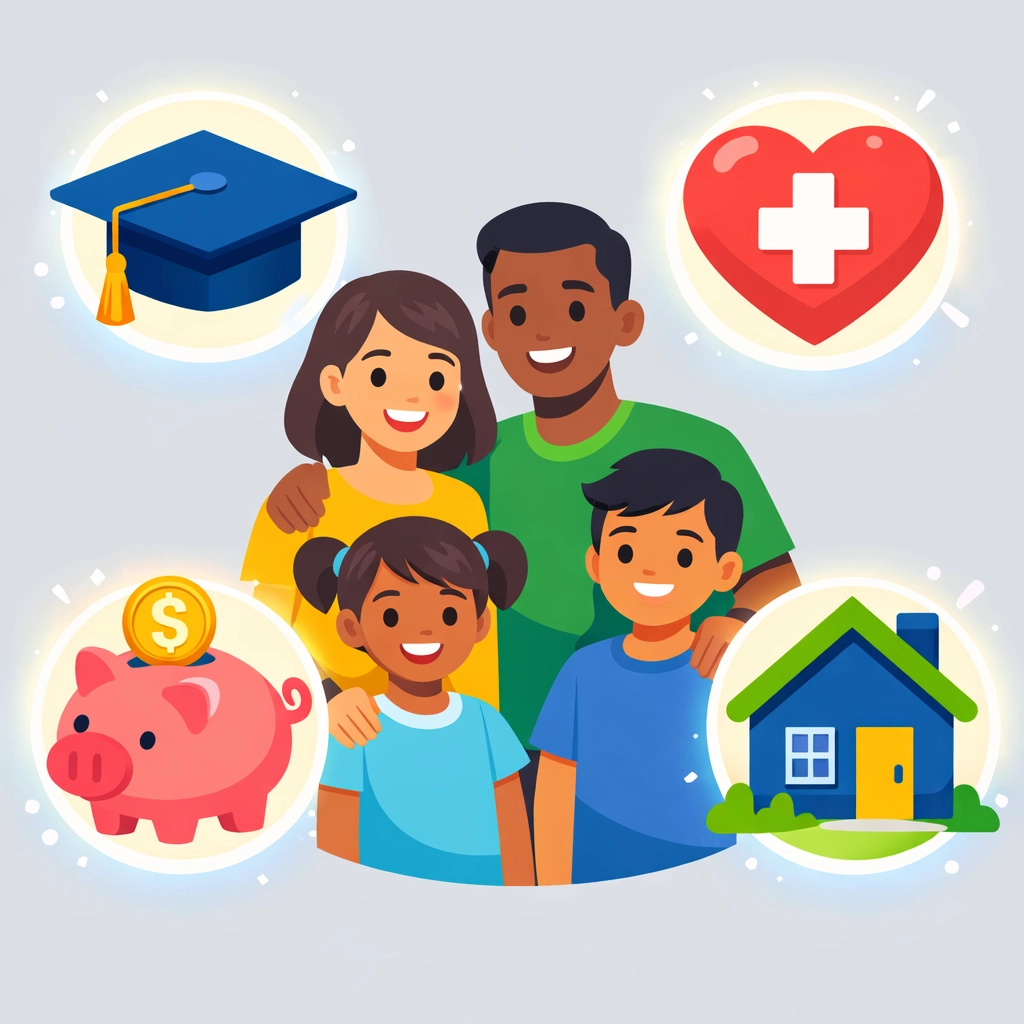 Family with tax credit icons including child care, education, and earned income credits for 2026