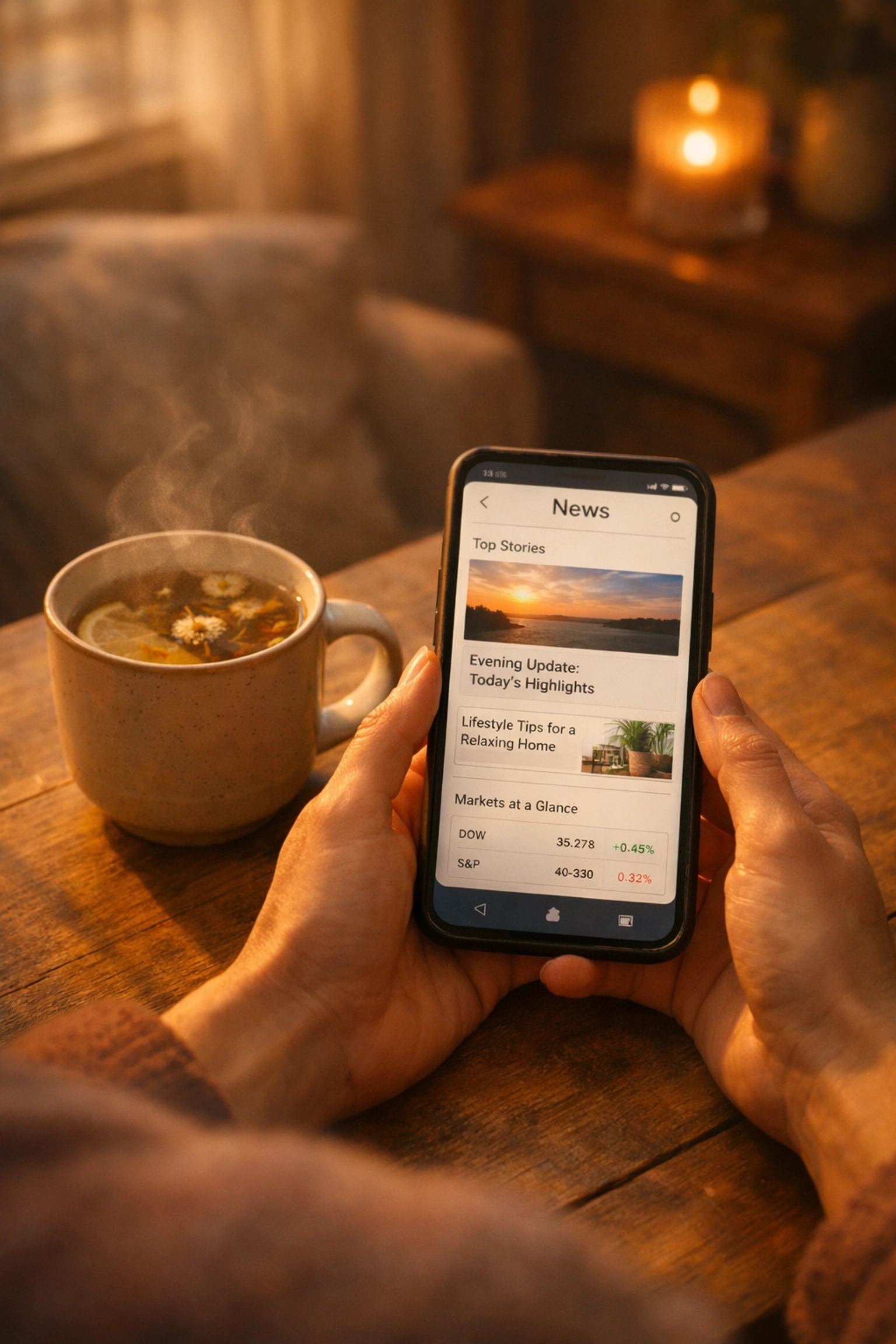 Person reading calm news update on phone with tea in peaceful evening setting