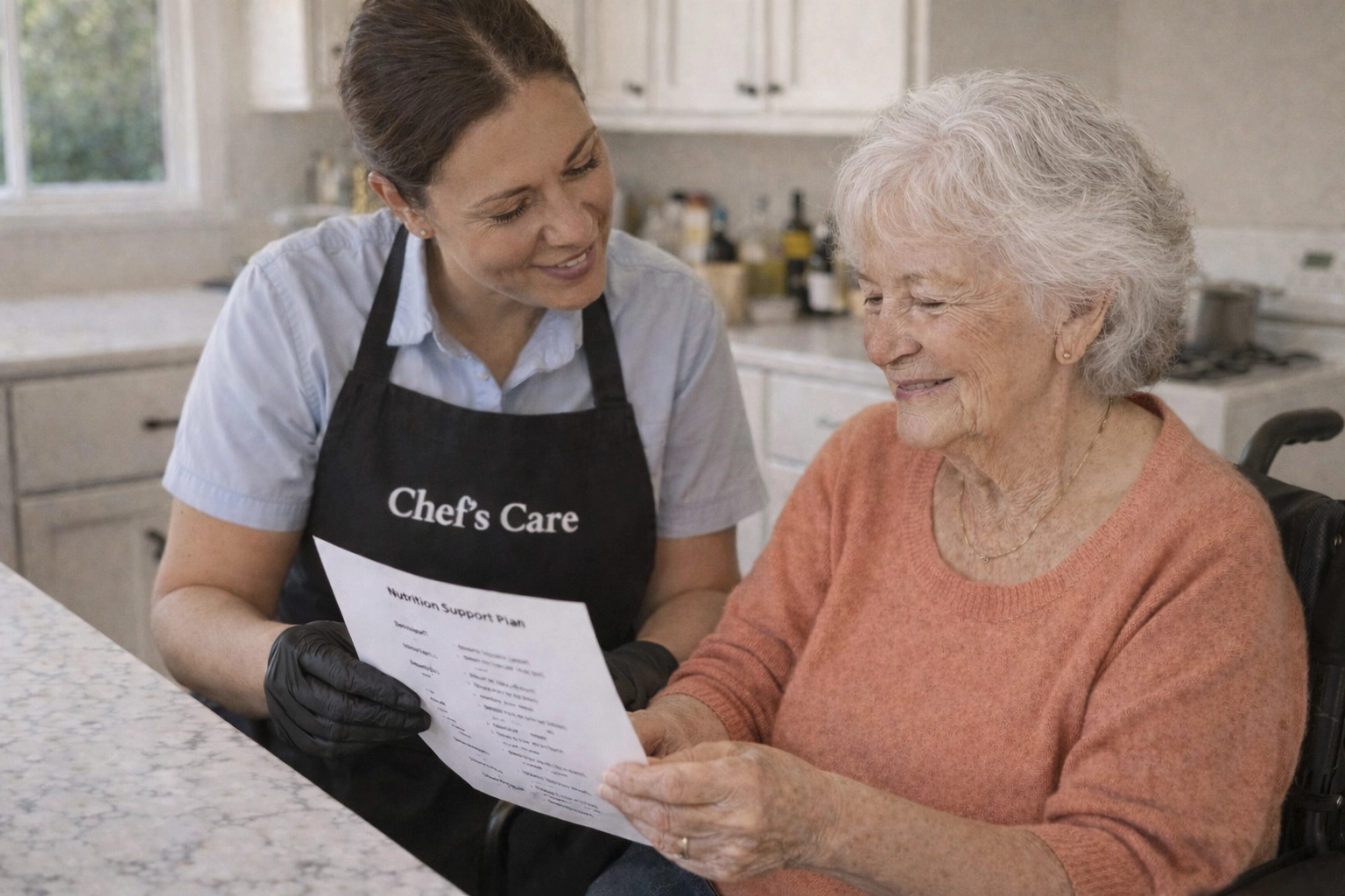 Culinary Associate in a North Shore home discussing nutrition support and dietary preferences with a client.