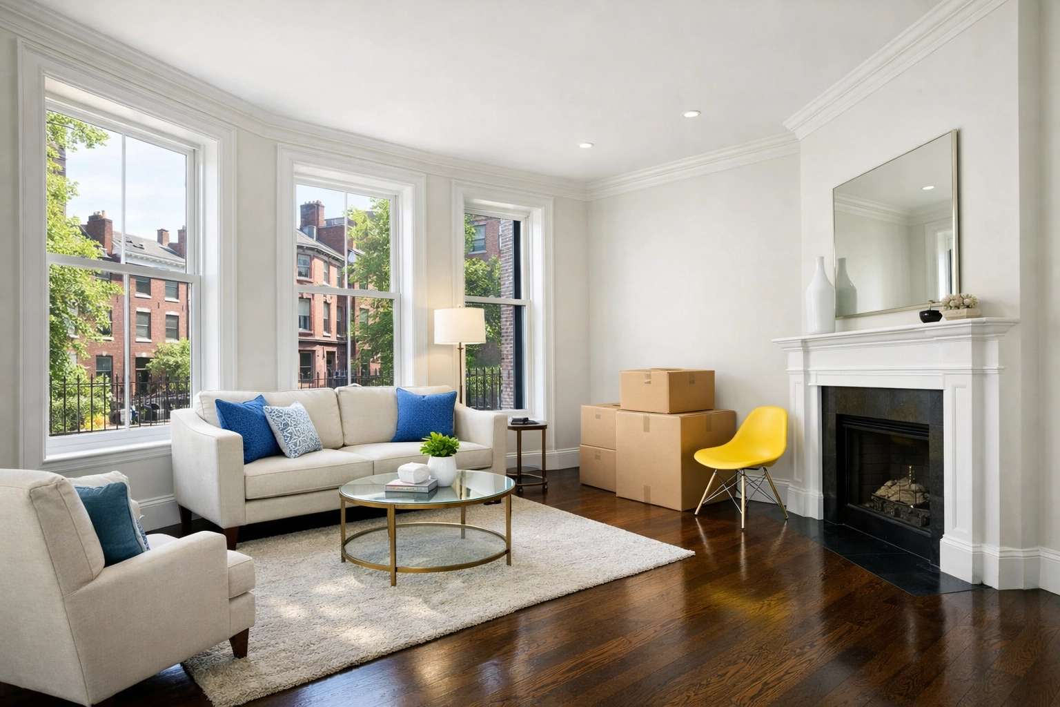Professionally sanitized Boston brownstone living room after a move-in cleaning service.