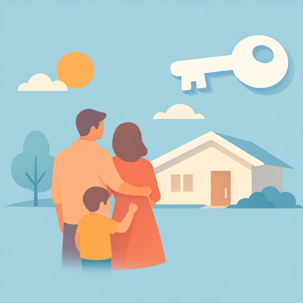 Familia latina frente a su nueva casa con una llave, logrando el crédito para comprar casa.