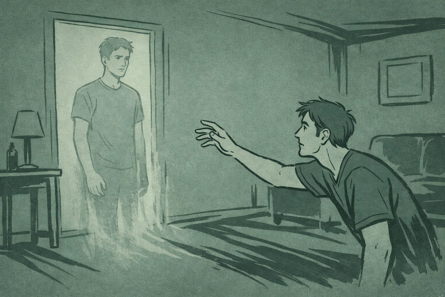 Two men in apartment, one ghostly figure returning from death - gay supernatural horror romance