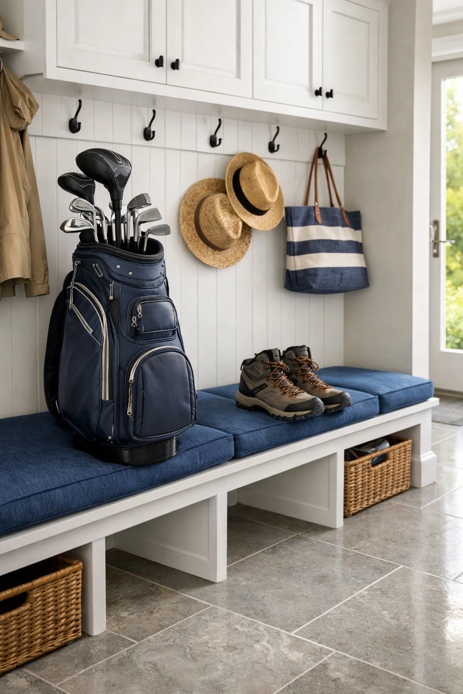 Spotless Bolton home entryway with golf clubs and hiking boots ready for weekend activities.