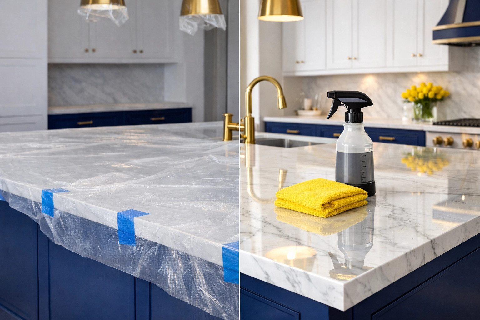 Before and after results of a Massachusetts kitchen renovation after expert post-construction cleaning and polishing.