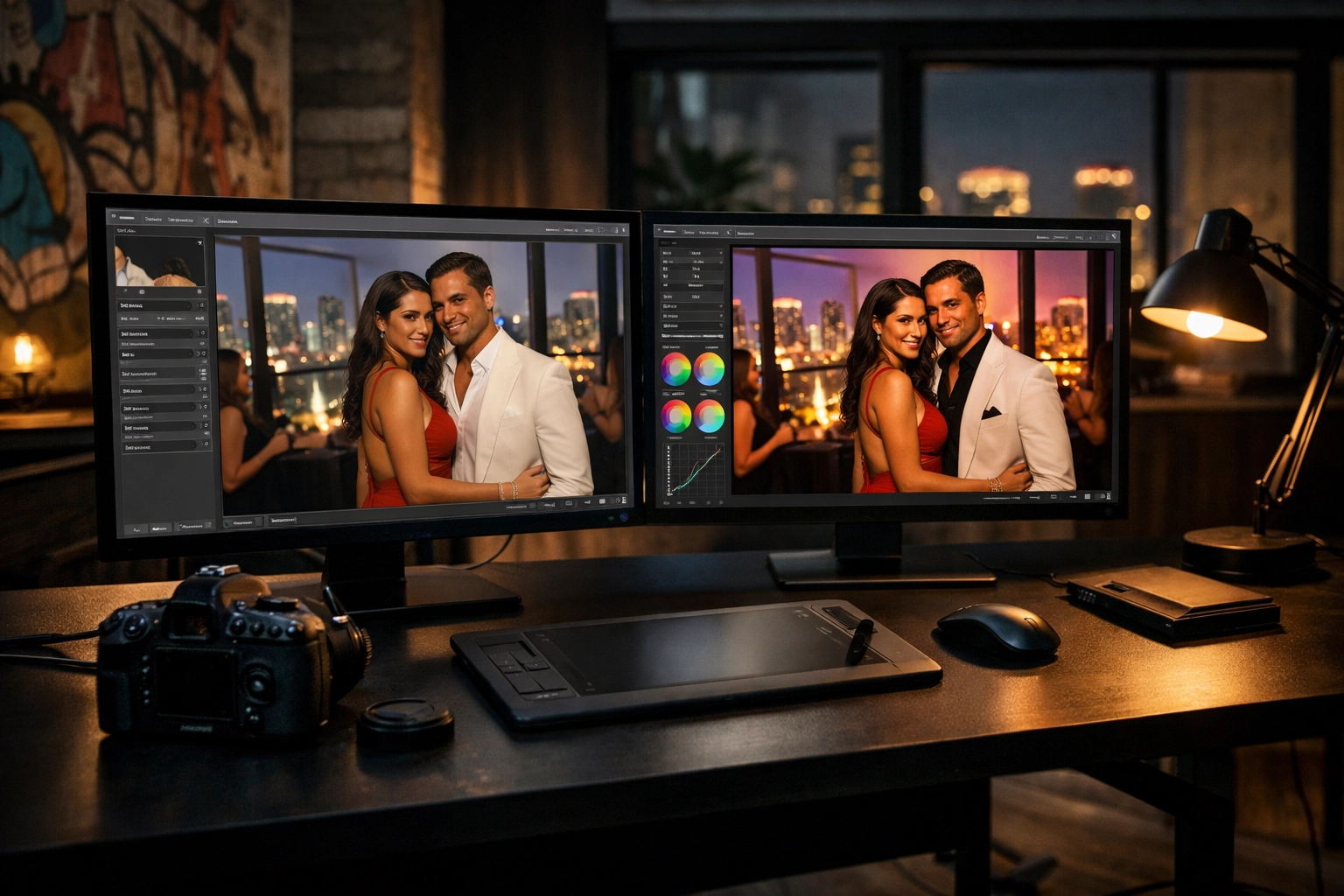 Professional photo editing of corporate event images at a high-tech photography studio in Wynwood, Miami.