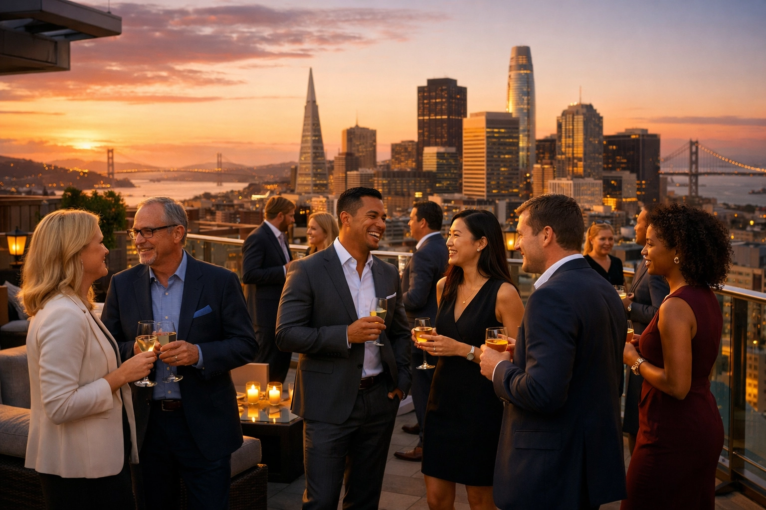Corporate executives networking at an upscale San Francisco rooftop event during Super Bowl week.