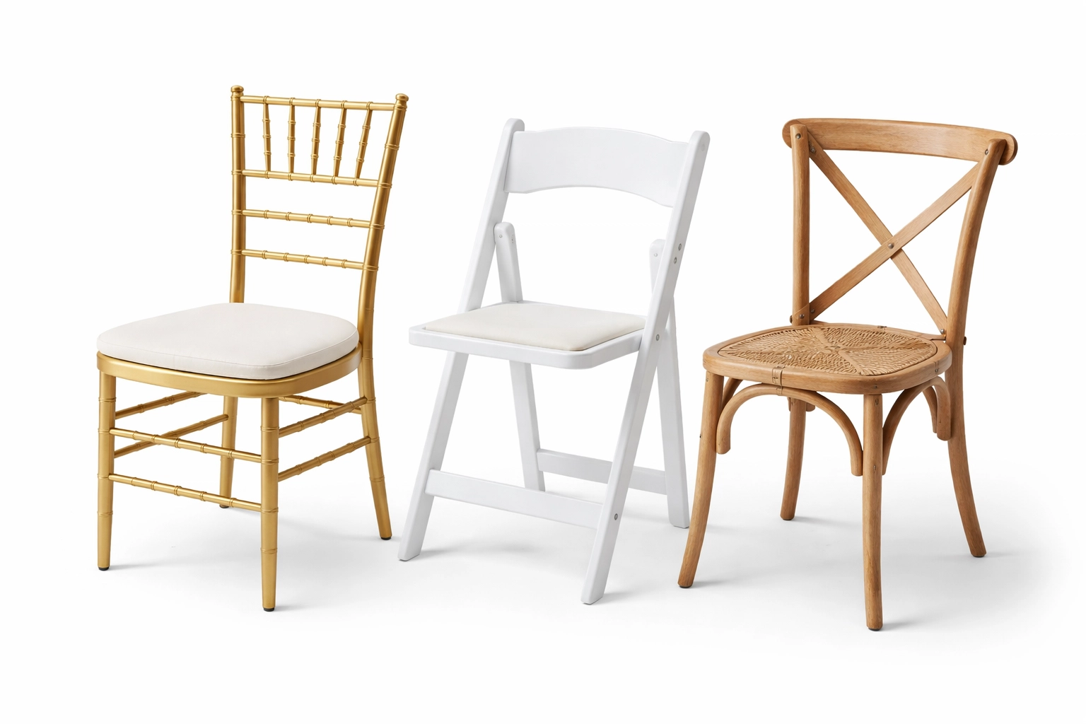 Gold Chiavari chair, white folding chair, and cross-back farmhouse chair displayed for wedding rental options