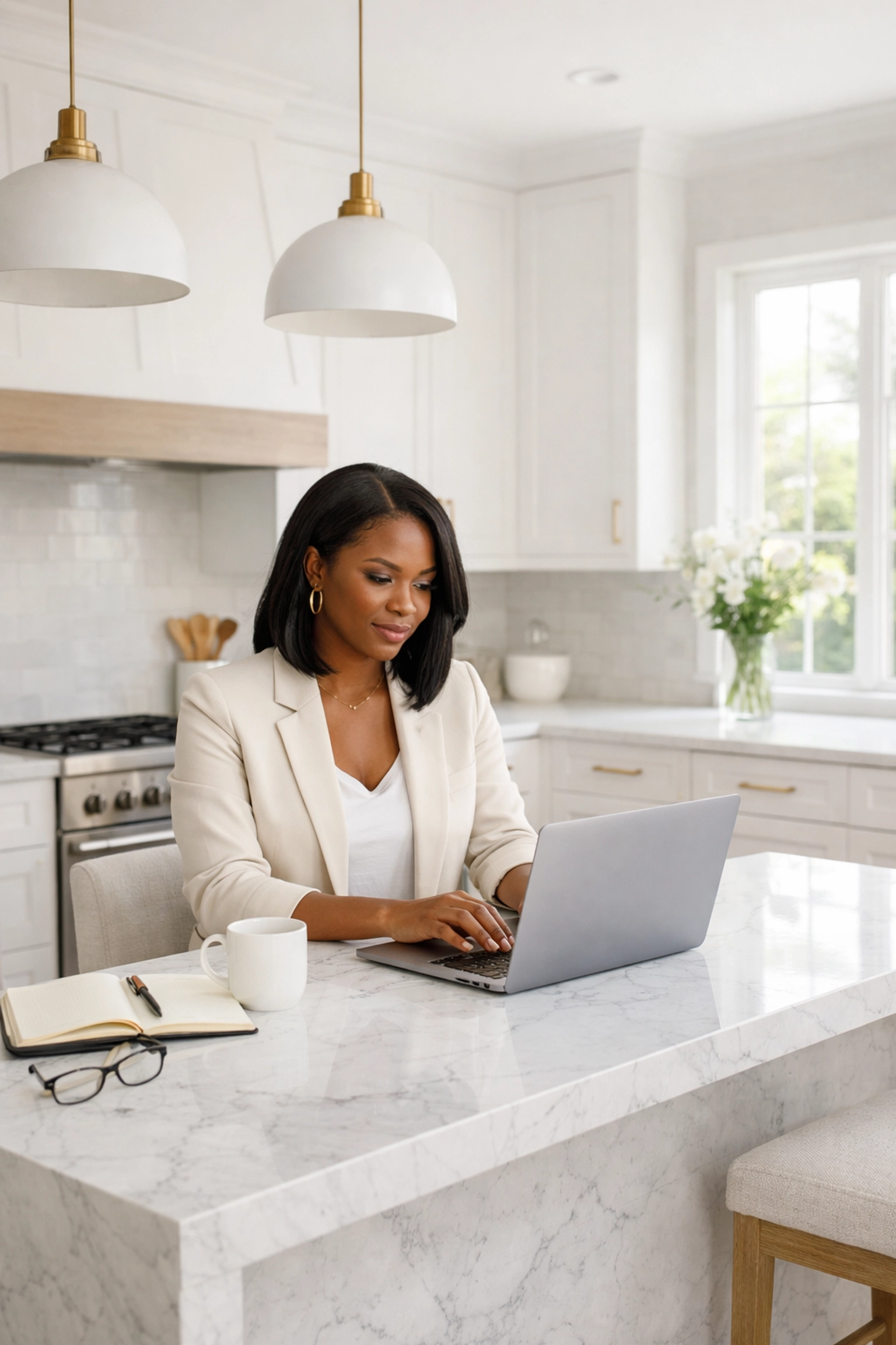 Modern home office setup in a bright Southwest Durham kitchen featuring a professional woman.