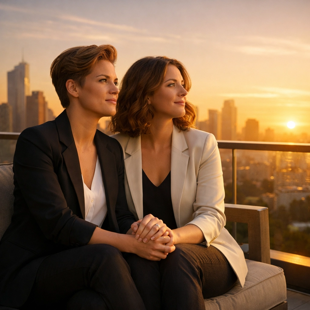 Lesbian couple looking at city skyline, representing financial freedom and investing for the LGBTQ+ community.