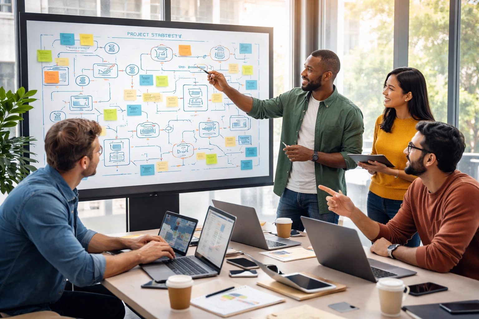 Diverse IT team collaborates on strategic planning for IT4IT framework implementation in a modern workspace.