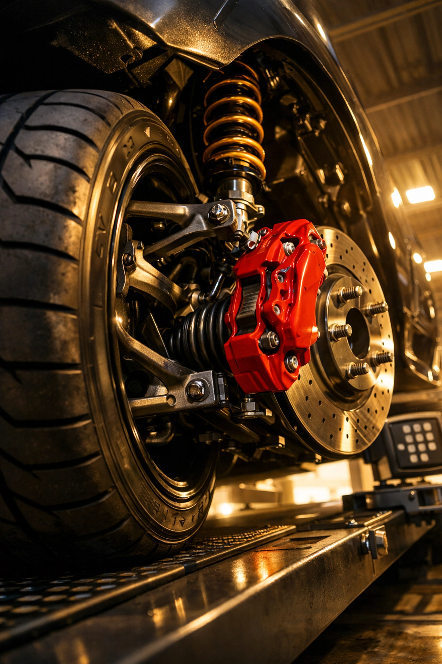 Performance Porsche suspension with red brake calipers on a professional alignment rack in Plymouth.