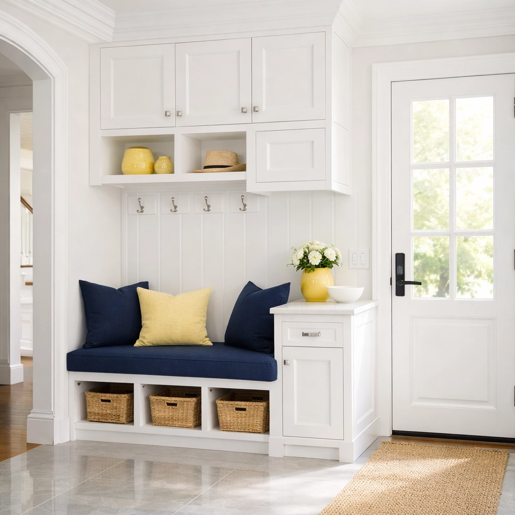 Organized mudroom in a Wellesley home representing a successful residential cleaning MA strategy.