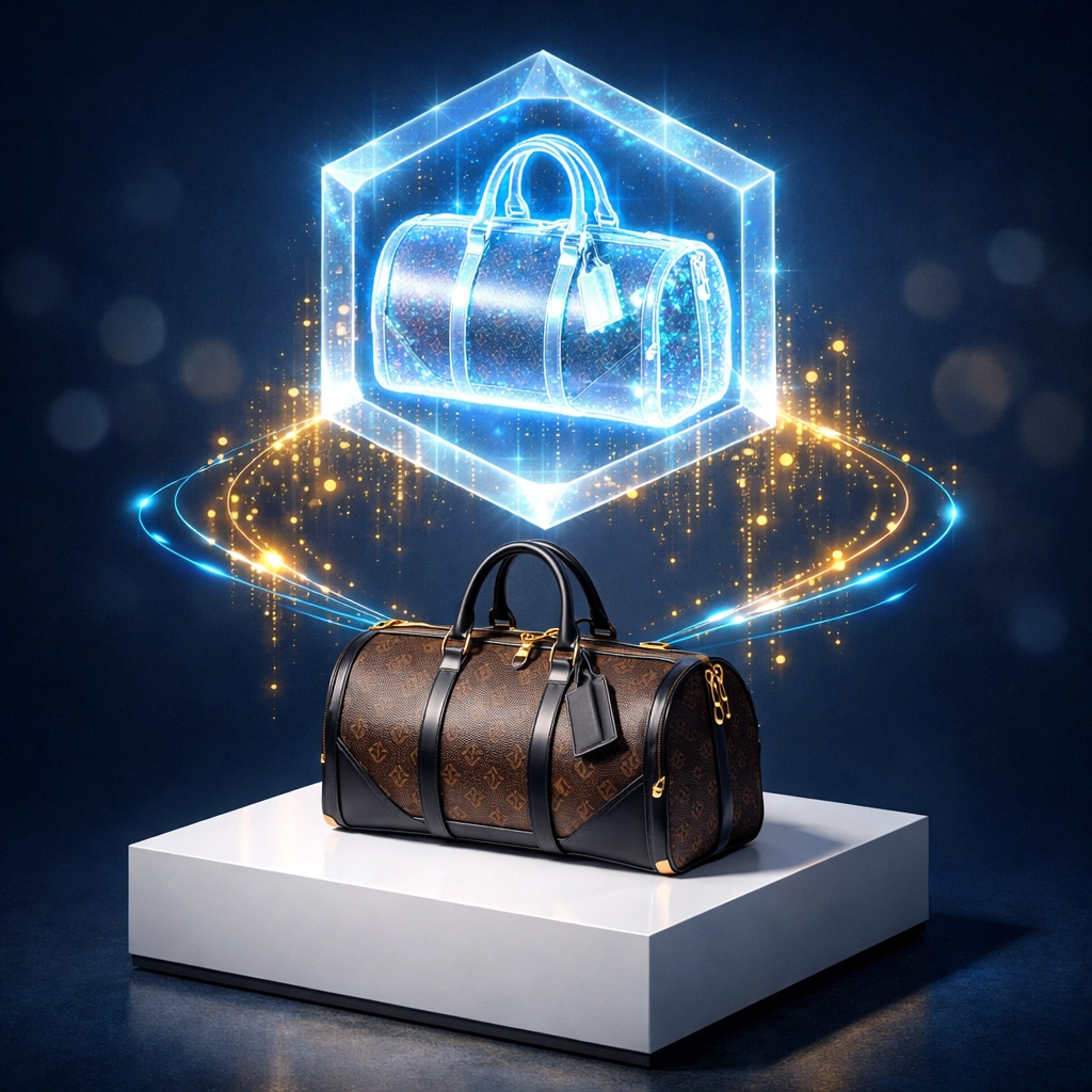 A Larecoin duffle bag with a holographic digital twin representing a secure Web3 NFT receipt.