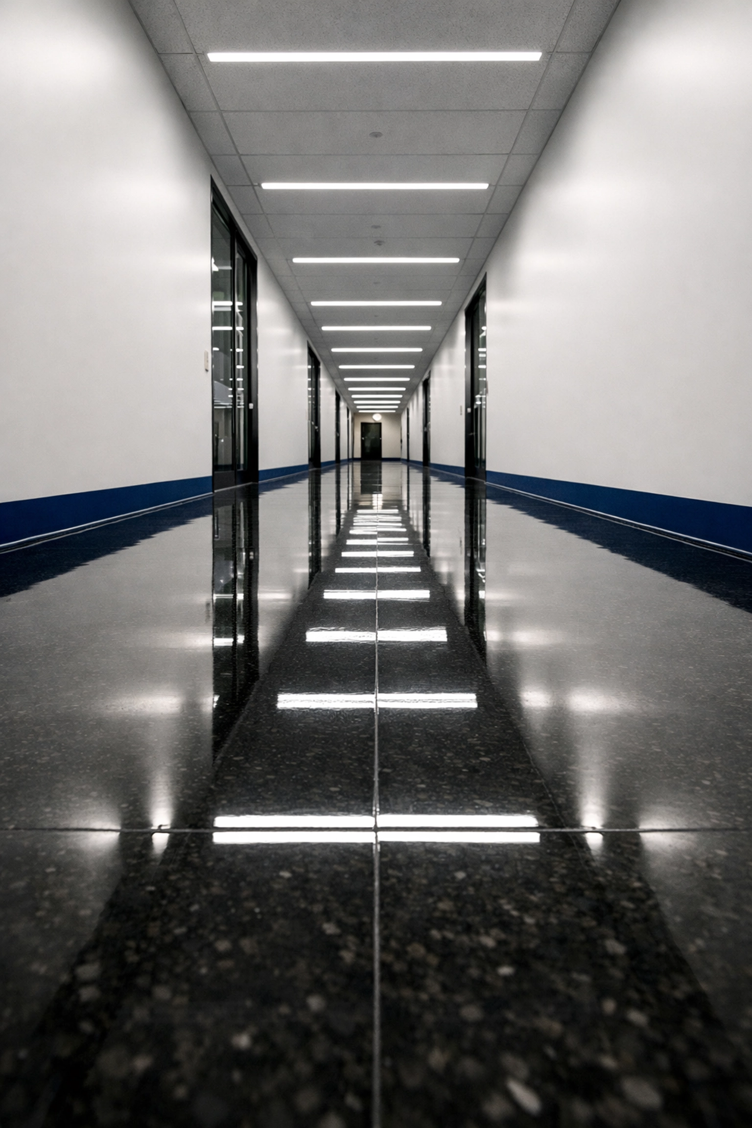 Highly polished corporate hallway in Pittsfield showing professional floor care and commercial janitorial expertise.