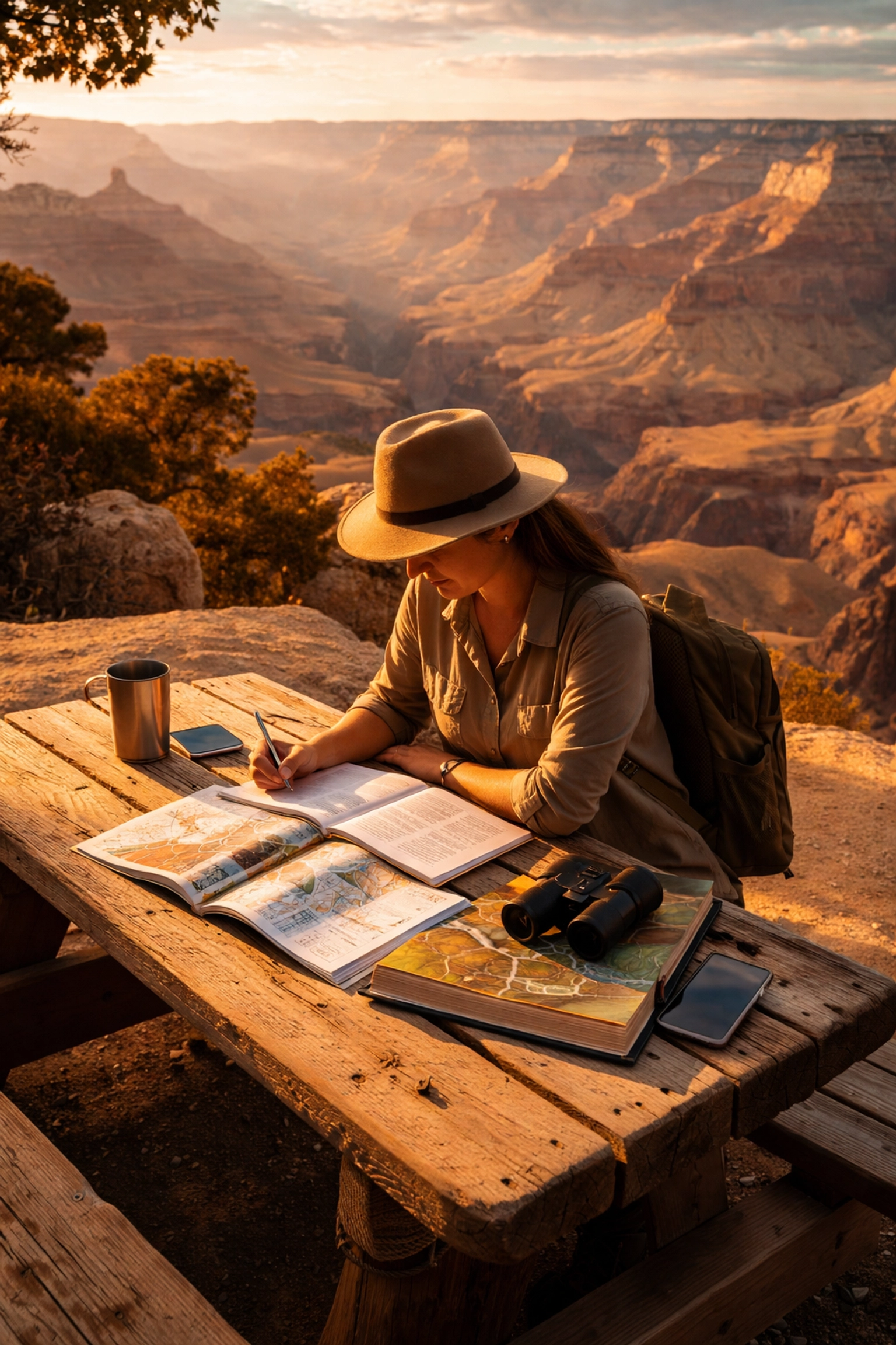 Female teacher reviewing Grand Canyon educational materials on canyon rim at sunset, emphasizing teacher professional development.