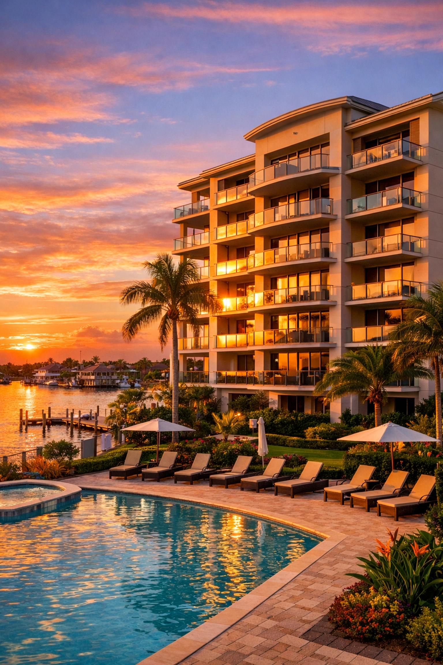 Cape Coral waterfront condo community with pool and landscaping showing HOA amenities