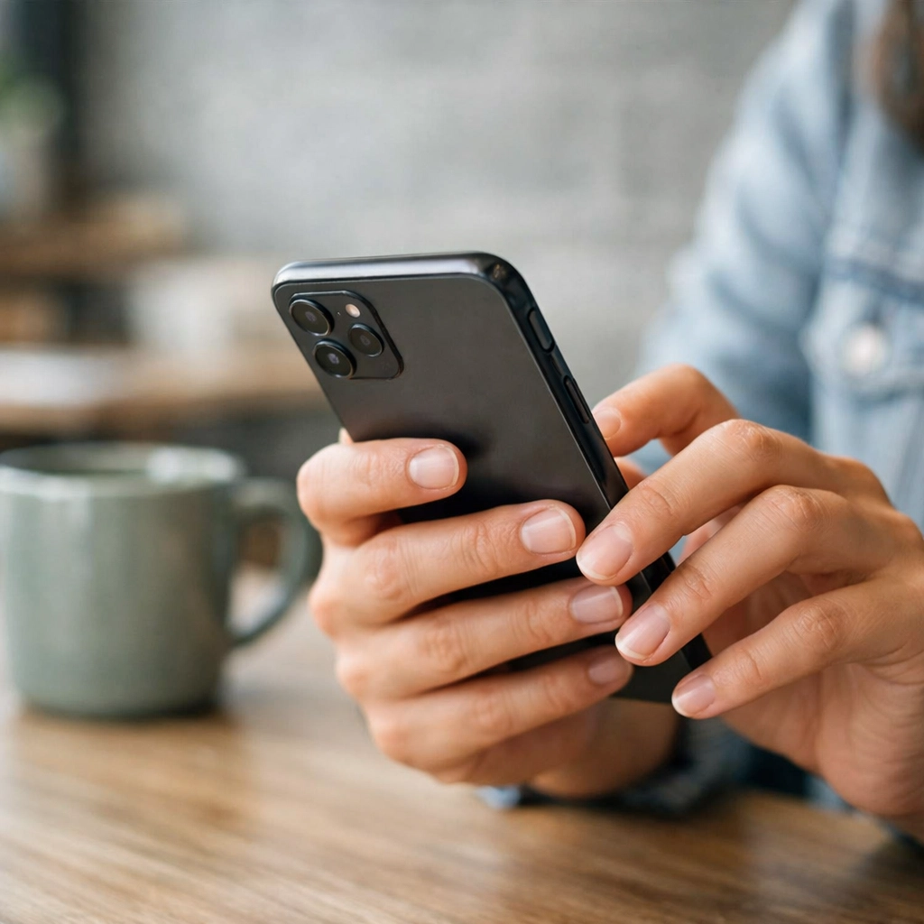 Person using a smartphone in a cafe for fast approval loans and easy online financial management.