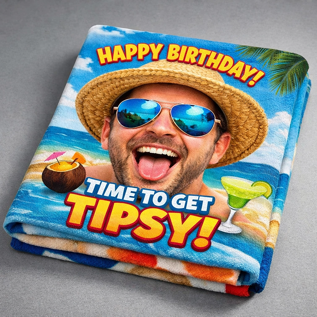 Personalized custom face beach towel folded showing humorous design for men