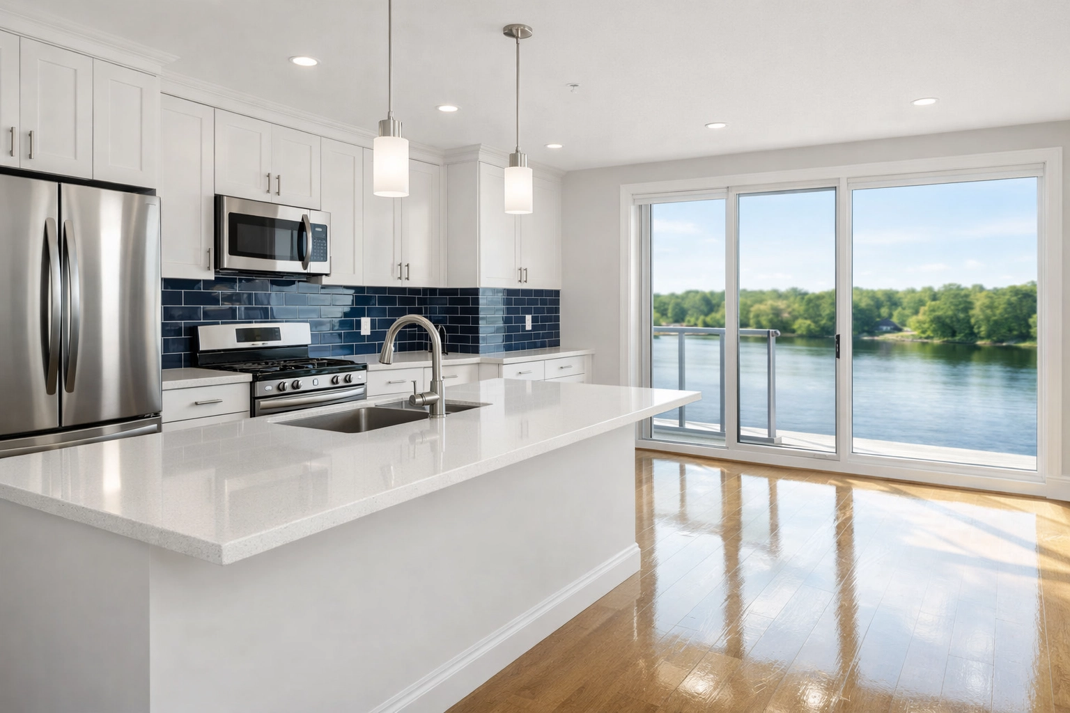Pristine empty kitchen with polished counters after move-in/move-out cleaning Lowell.