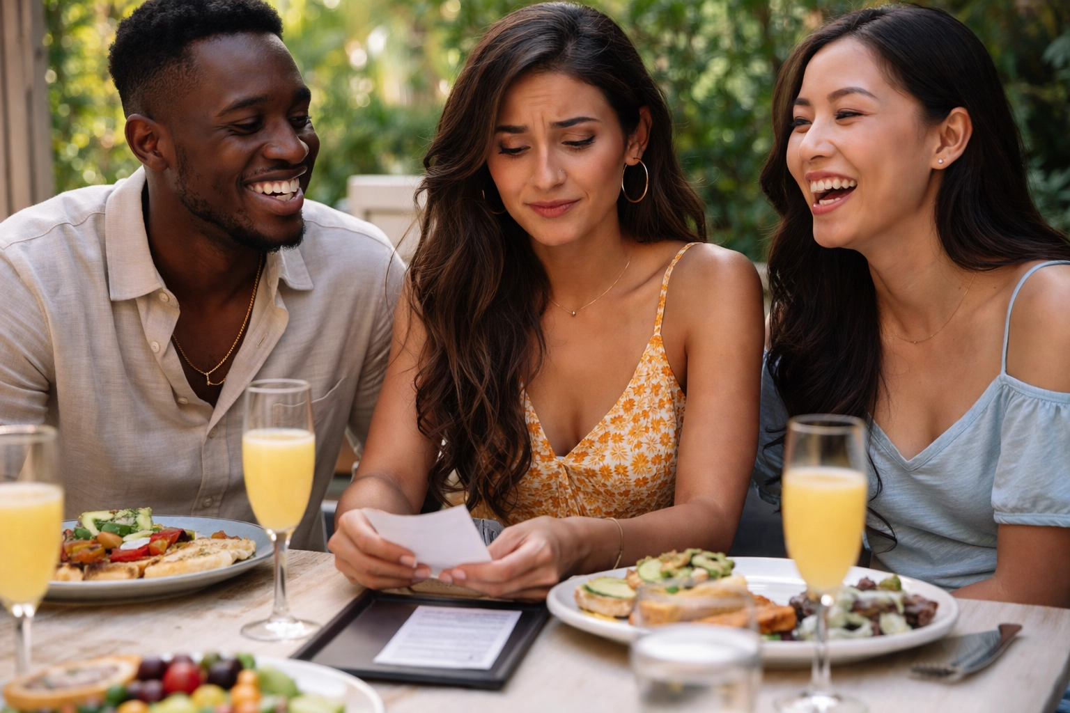 Friends at upscale brunch with hidden financial stress despite appearances