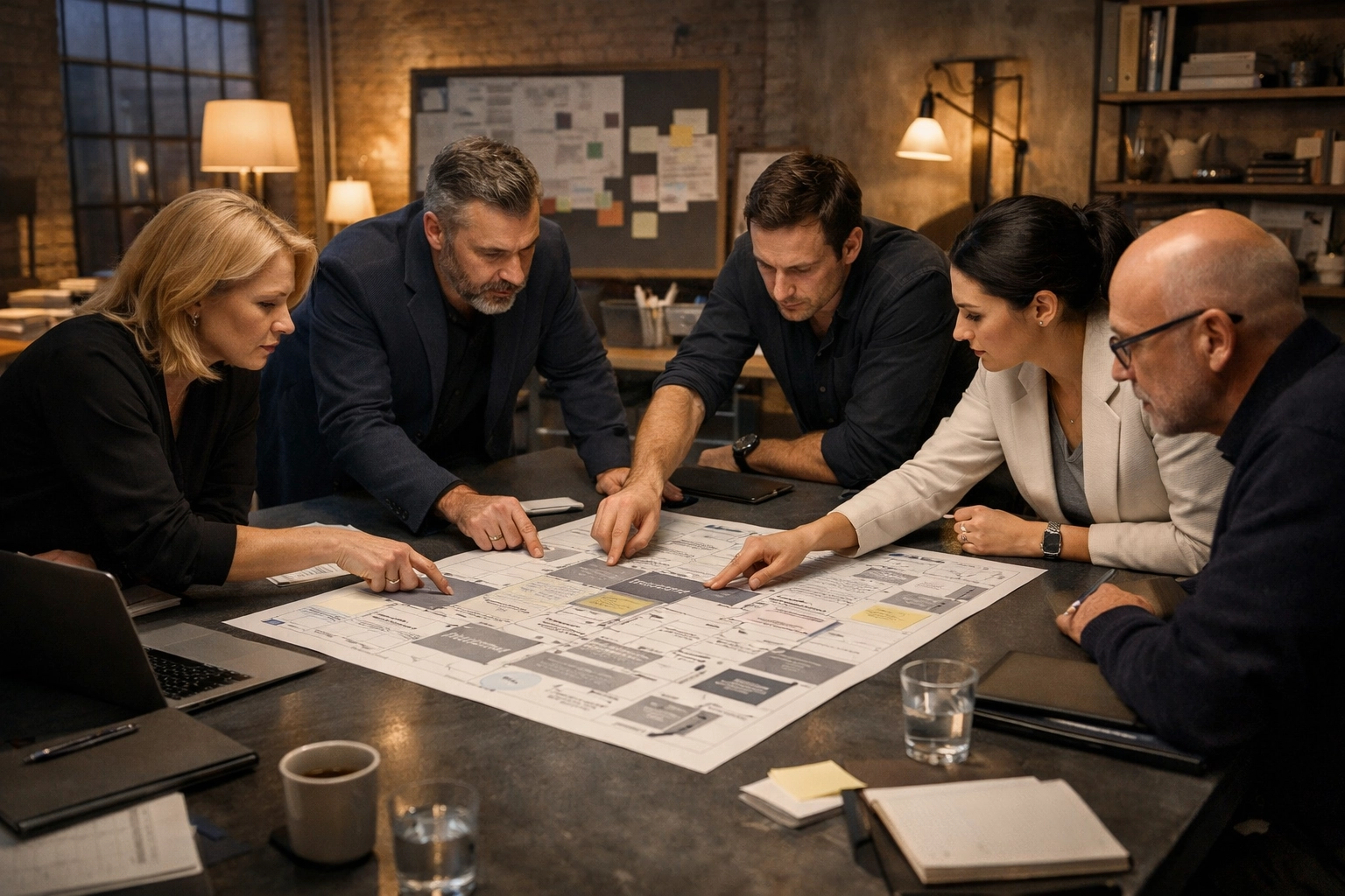 A professional branding agency team collaborating on an intentional brand strategy map in a modern studio.