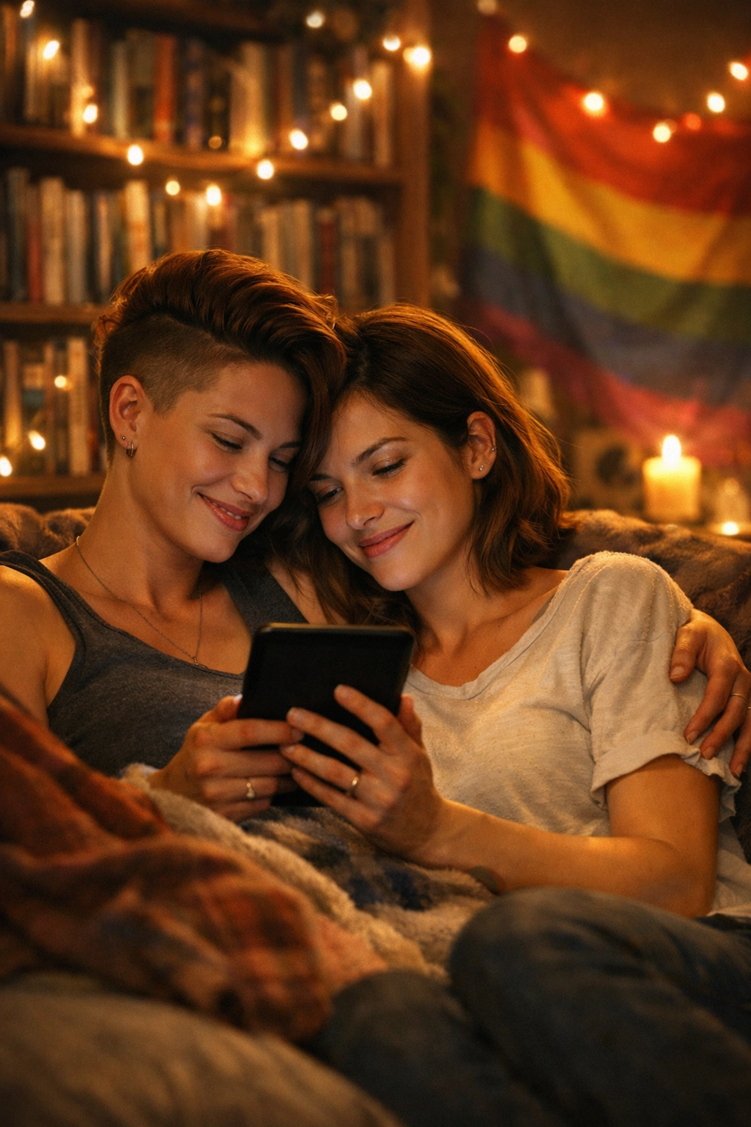 A lesbian couple relaxing together while reading queer fiction and LGBTQ+ books in their home sanctuary.