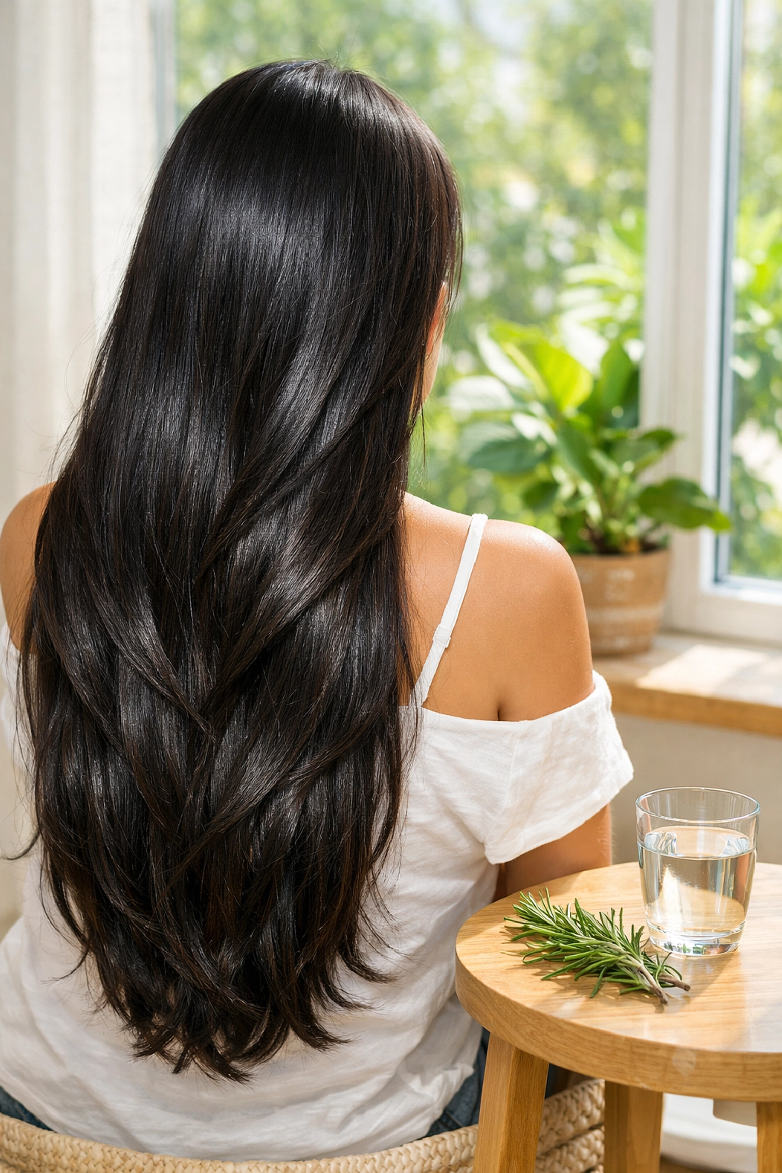 Woman with long thick shiny hair showing results of using Moroccan Rosemary for growth.