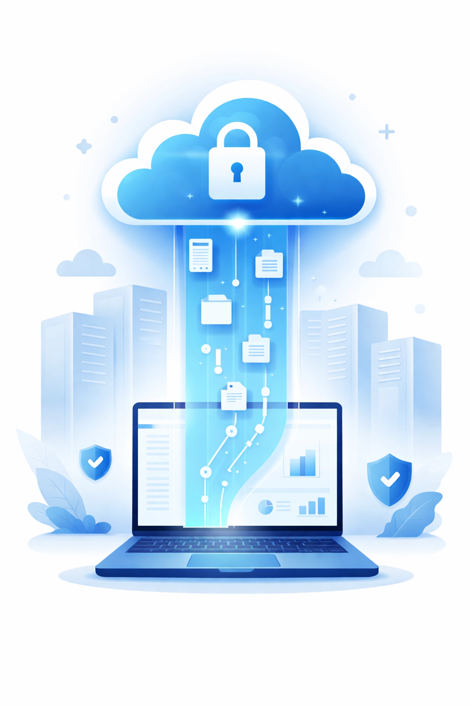 Laptop backing up data to secure cloud, emphasizing reliable cyber defense and data backup