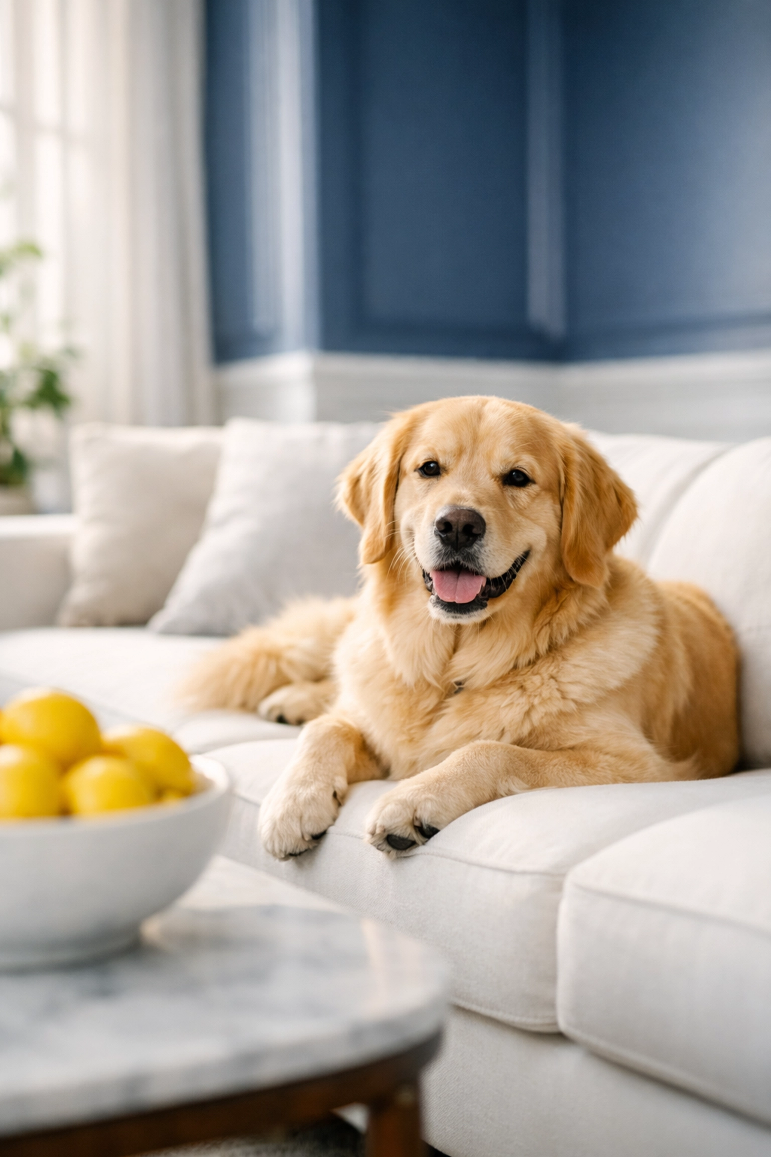 A happy Golden Retriever relaxing in a toxin-free living room after pet-friendly house cleaning.