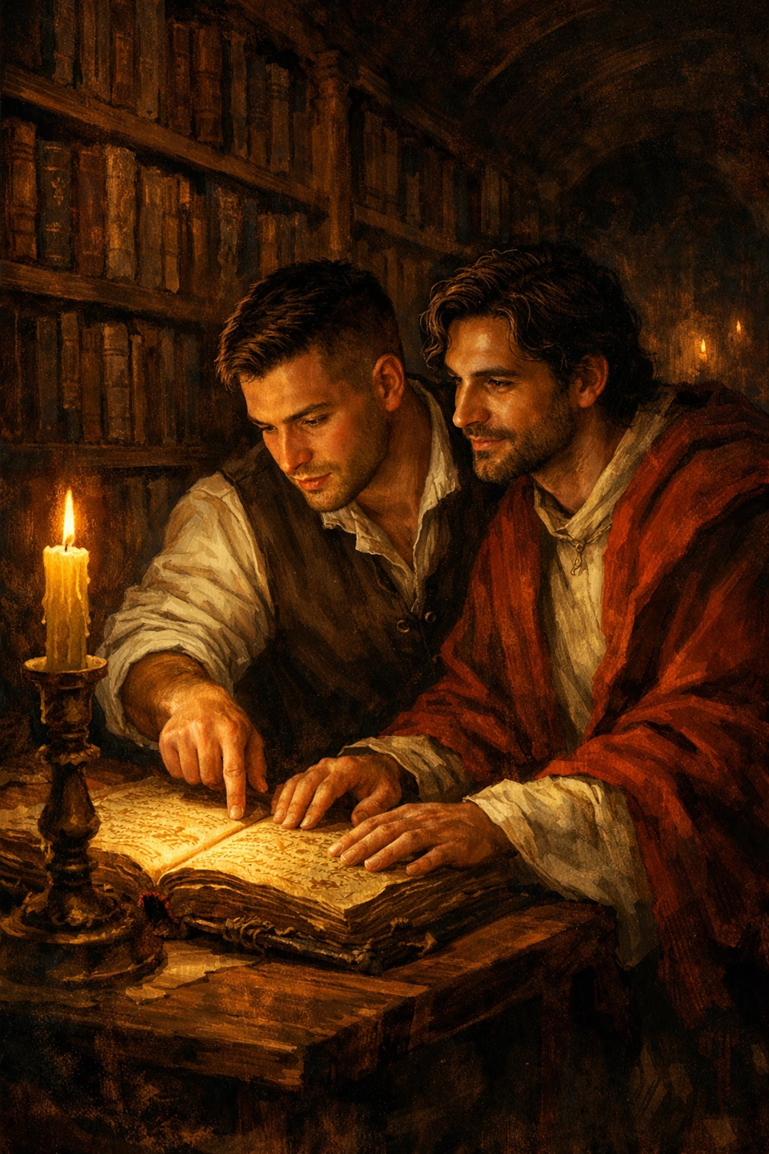 Two men in a secret Vatican library, their hands nearly touching over an ancient book in an MM romance scene.