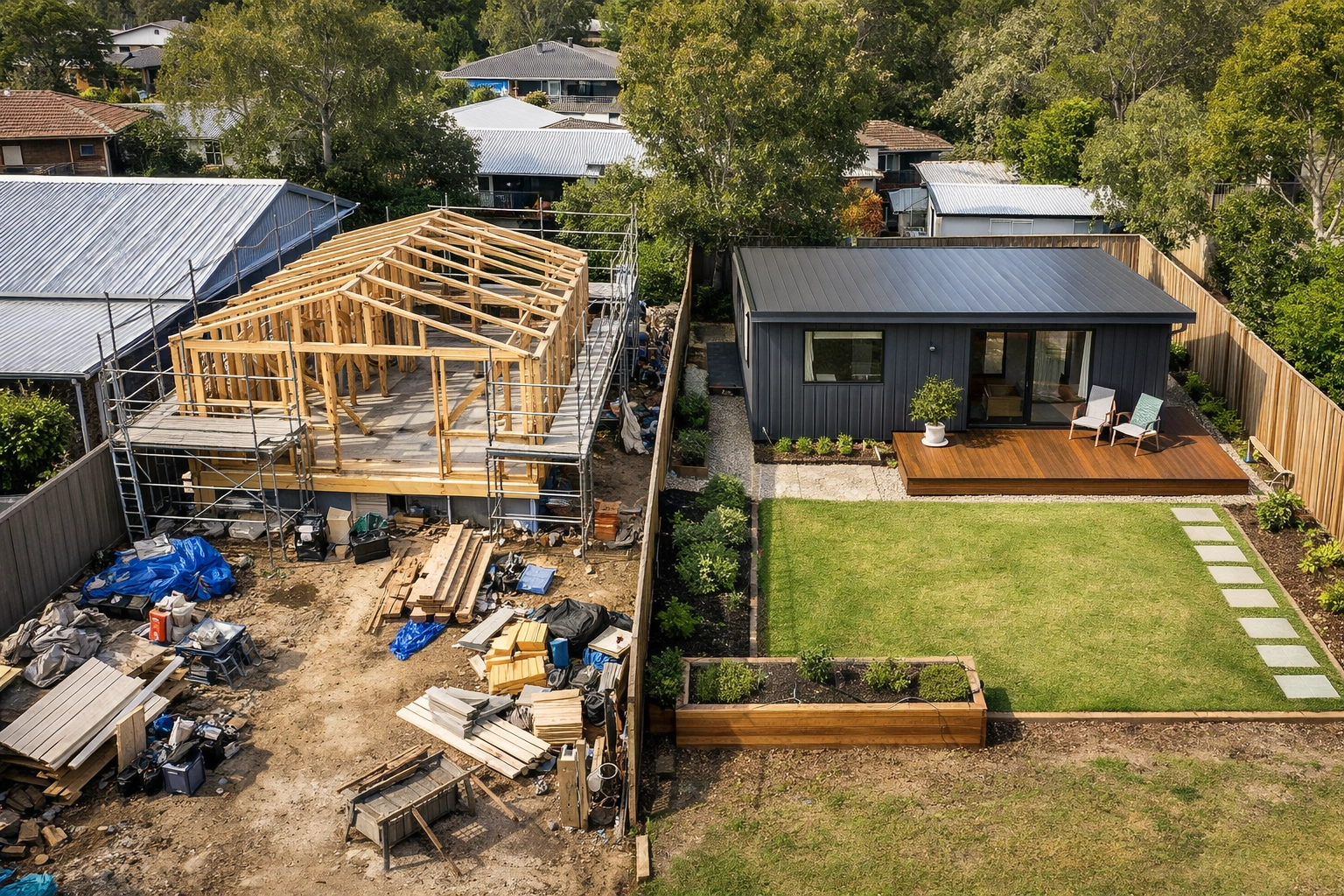 Traditional granny flat construction vs completed modular home side by side comparison