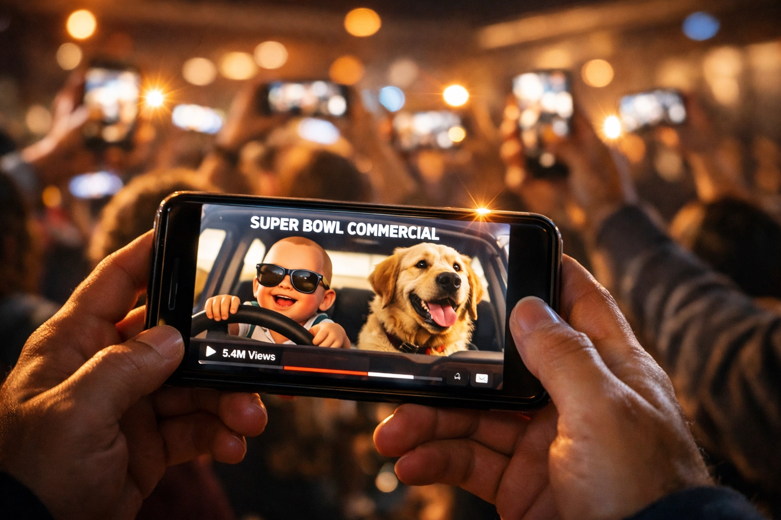 Fans sharing Super Bowl commercials on smartphones during watch party creating viral engagement