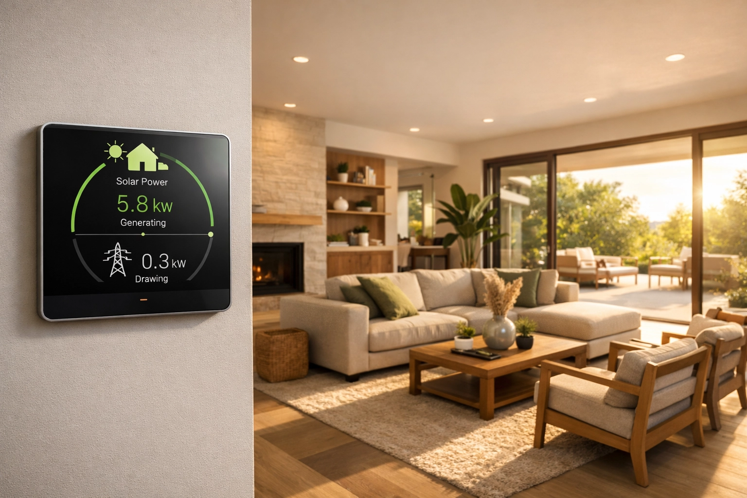 Sleek home energy monitor showing high solar energy production and low grid consumption.
