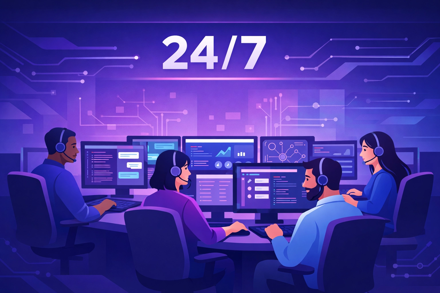 24/7 tech support team at Dry Help Desk operations center providing expert assistance