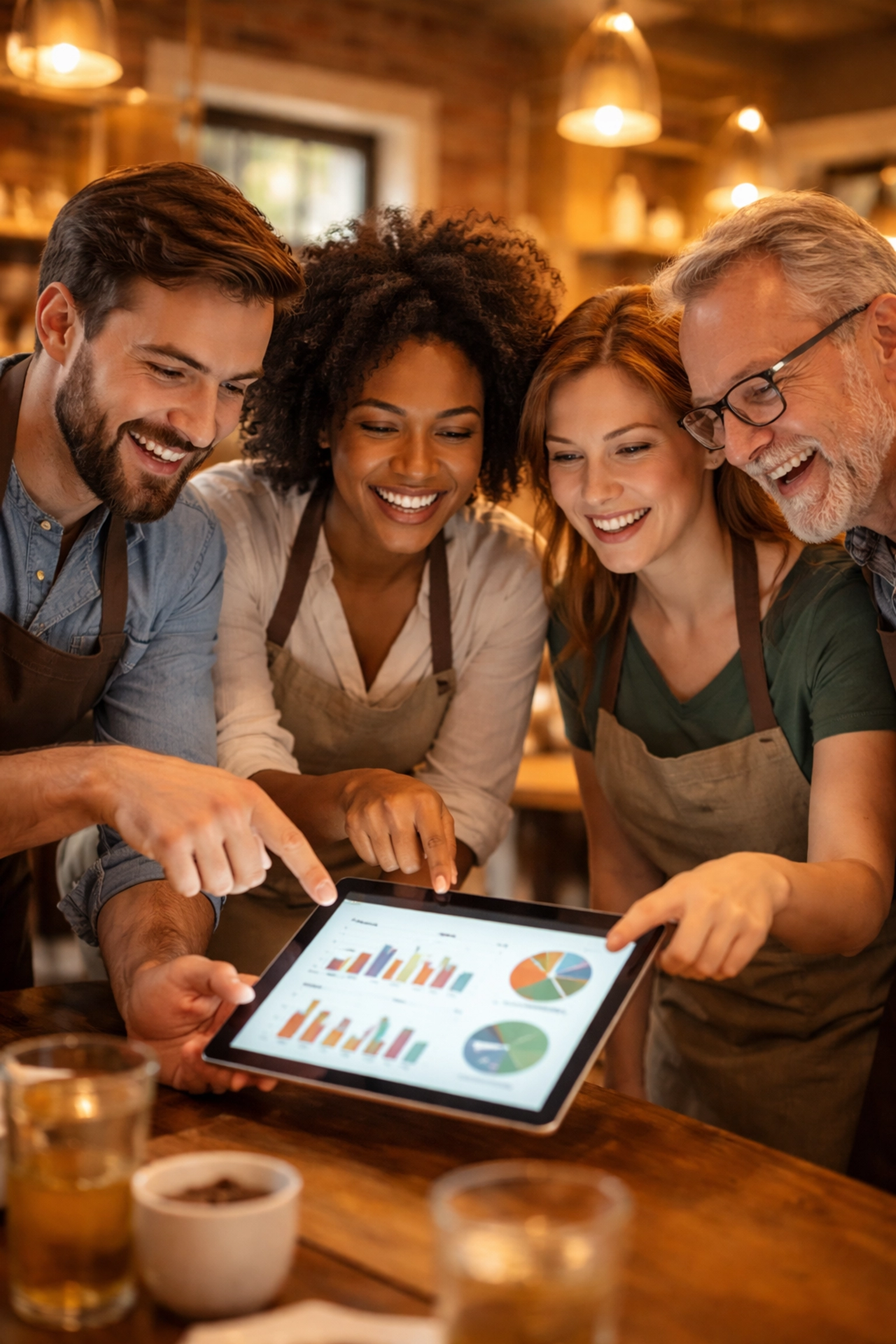 Smiling restaurant team reviewing automated tip management software on a tablet in a modern dining space