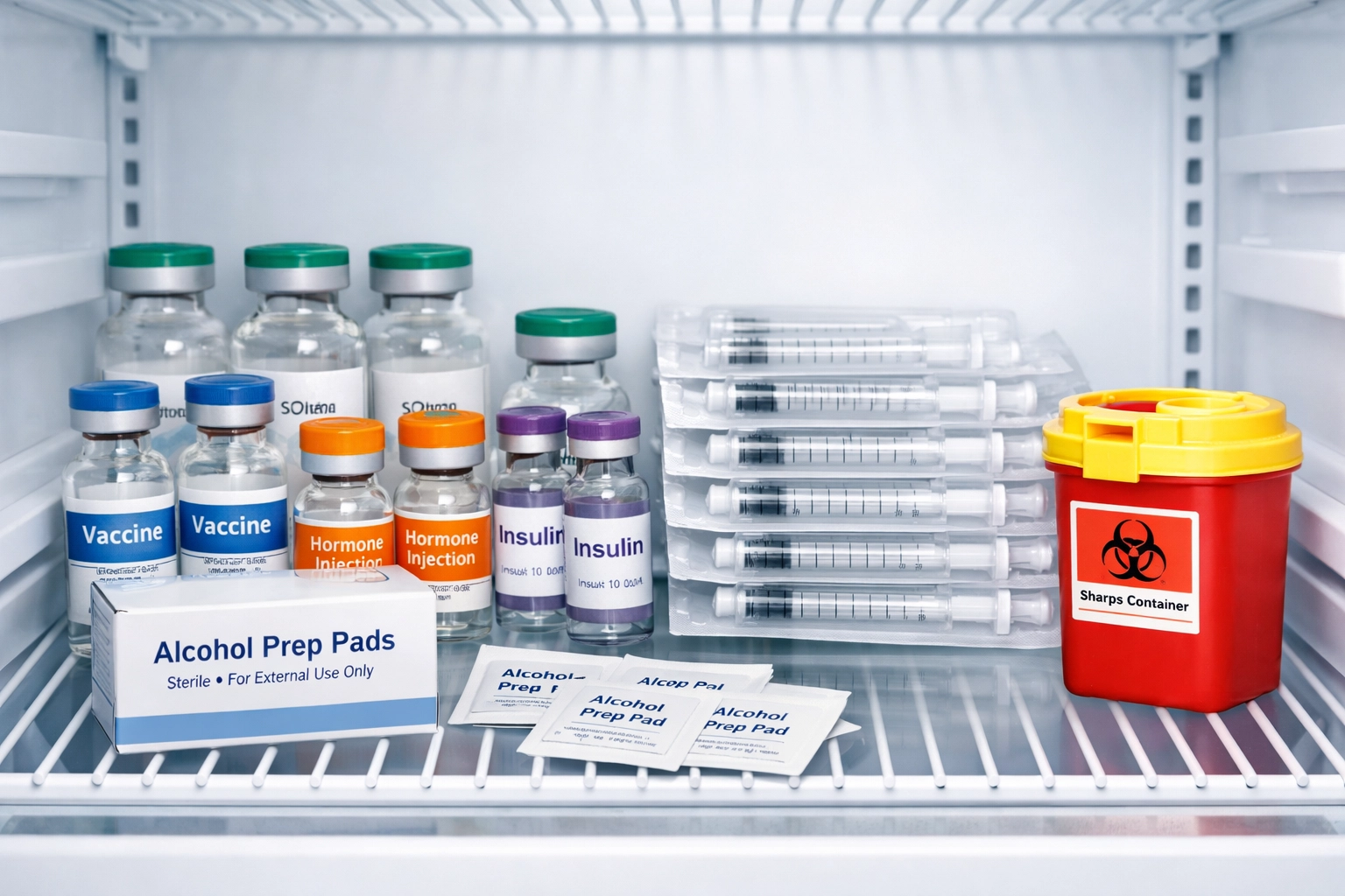 Properly stored compounded tirzepatide medication with syringes and medical supplies