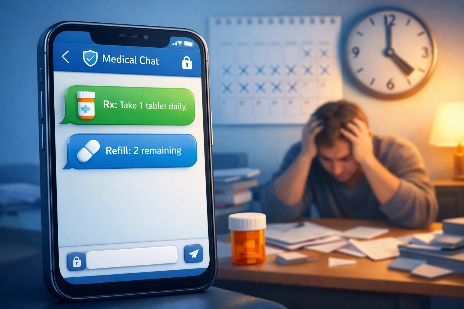 Smartphone displaying online prescription refill chat versus traditional doctor appointment delays
