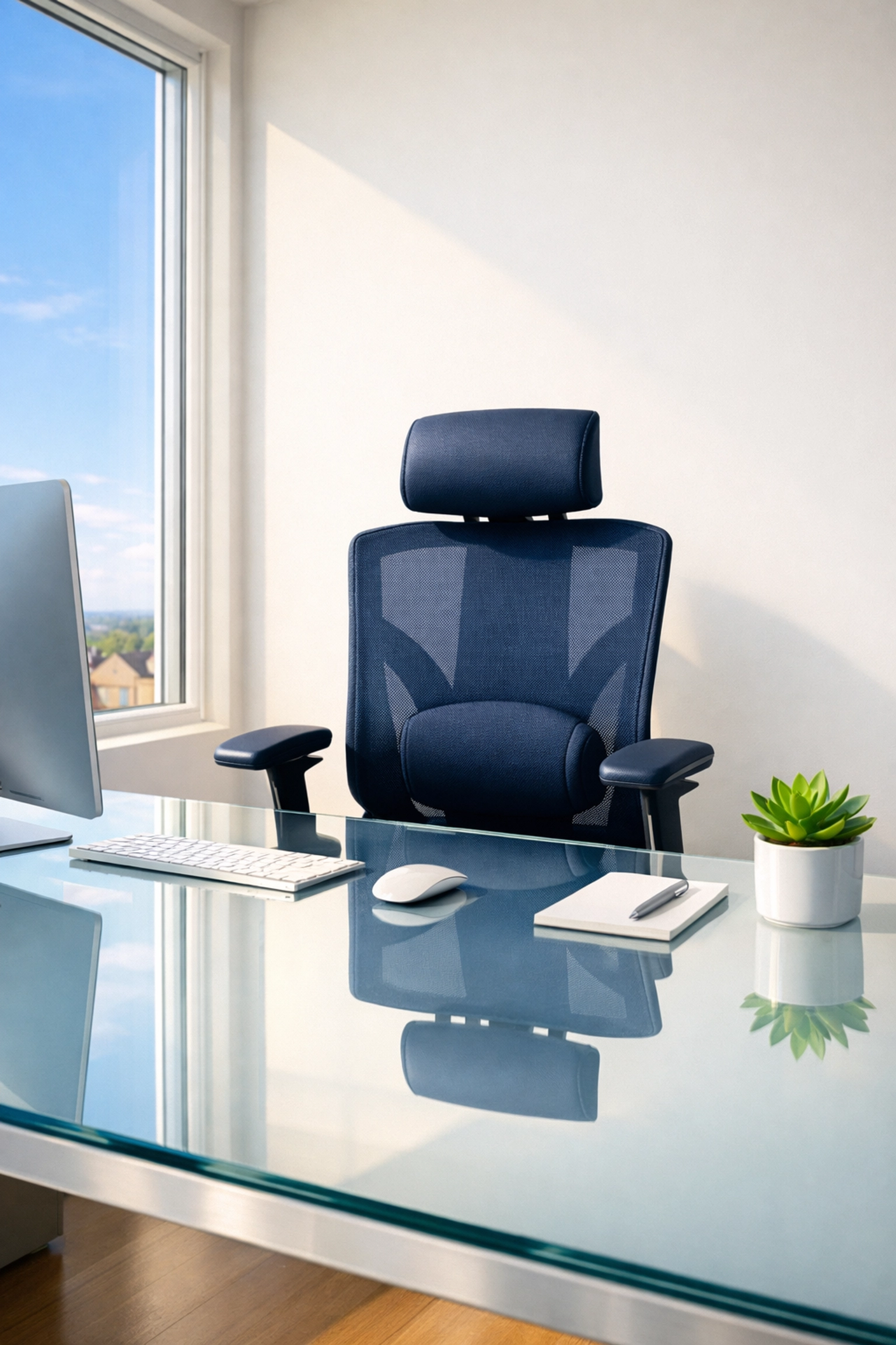 Pristine, dust-free glass desk in a Bedford office showing the benefits of professional office cleaning services.