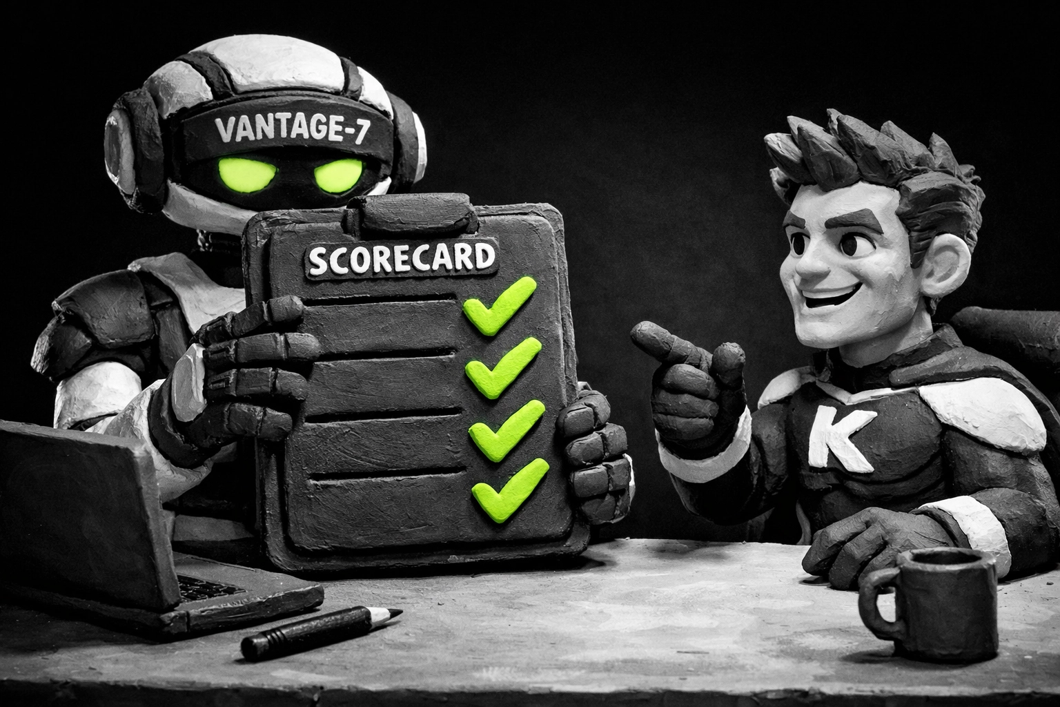 A robot recruiter using a digital ATS scorecard to rate a candidate's performance during an interview.