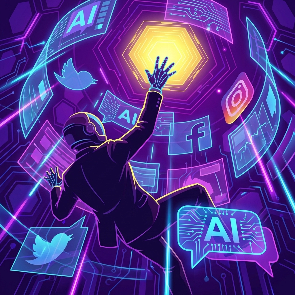 Business professional overwhelmed by digital chaos and AI, highlighting digital marketing challenges in 2026