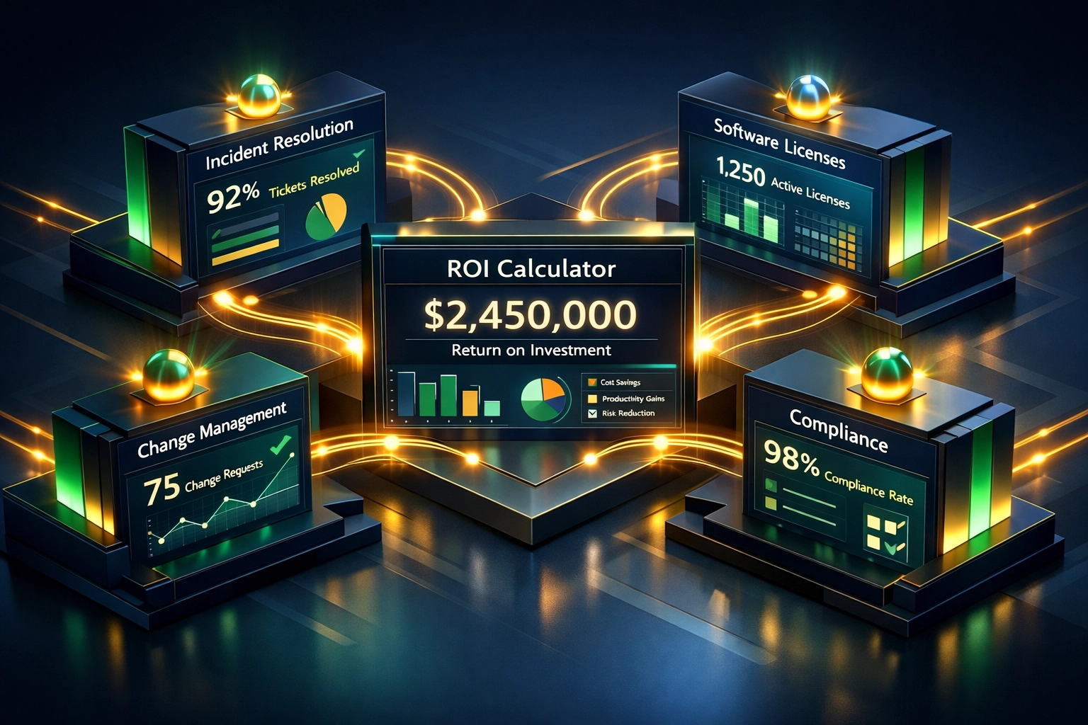 ServiceNow ITOM business metrics dashboard showing ROI calculation and value streams