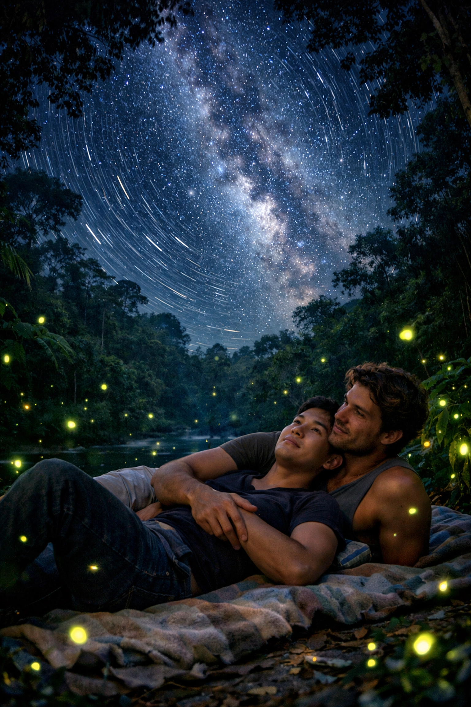 Two men stargazing in Amazon rainforest clearing in romantic MM fiction scene