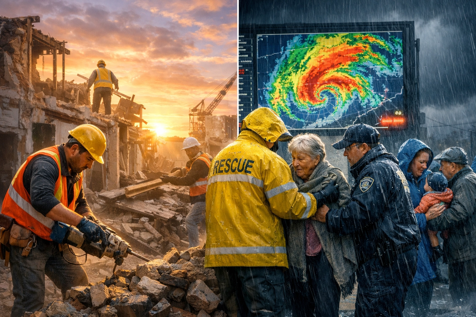 Community helpers rebuilding and responding to storms showing resilience and neighborly care