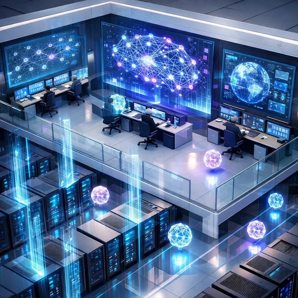 Agentic AI automation managing ServiceNow ITOM infrastructure with autonomous agents and data networks