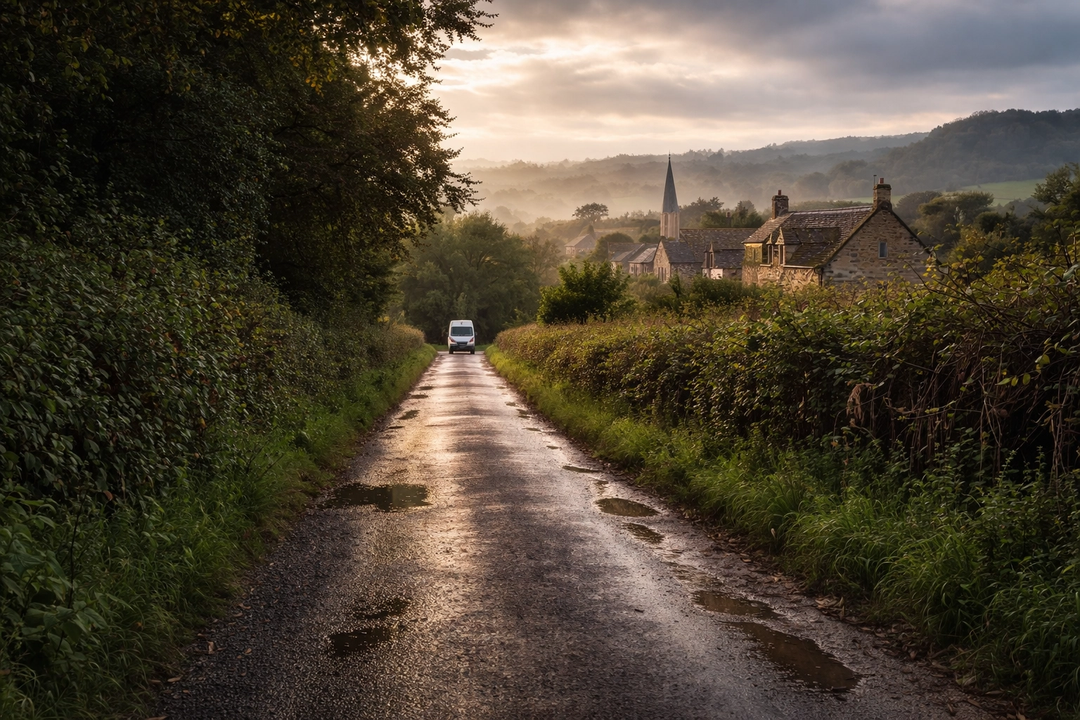 Small group at a Cotswolds viewpoint with their minivan, highlighting the open countryside and personalized experience